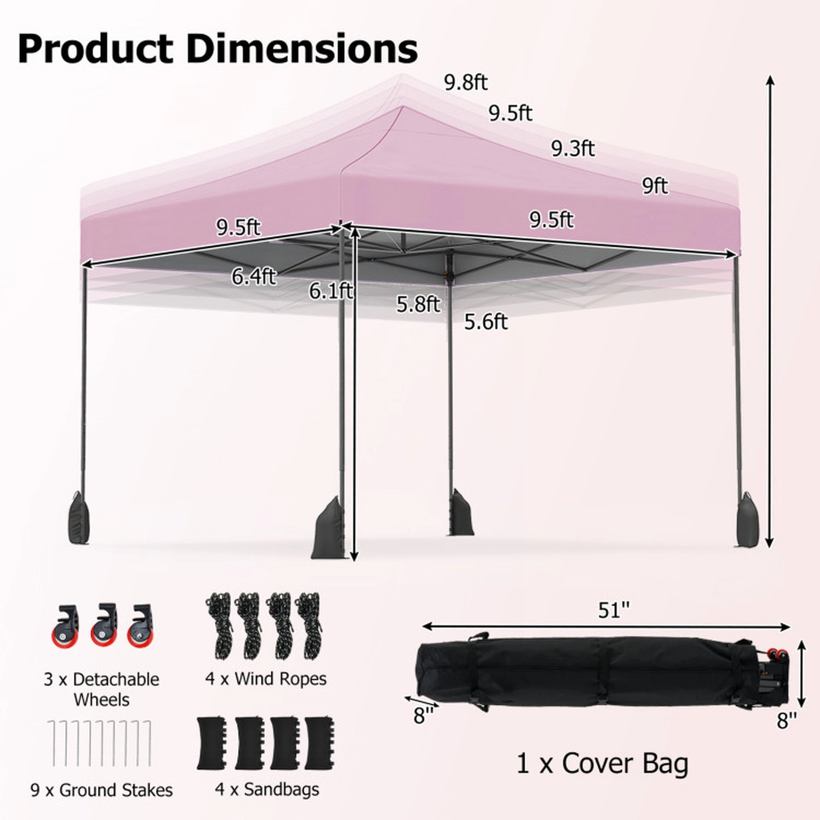 SUGIFT Pink 9.5-ft by 9.5-ft 4-Position UPF50+ Silver-Coated 420D Pop Up Canopy Tent with Wheeled Bag
