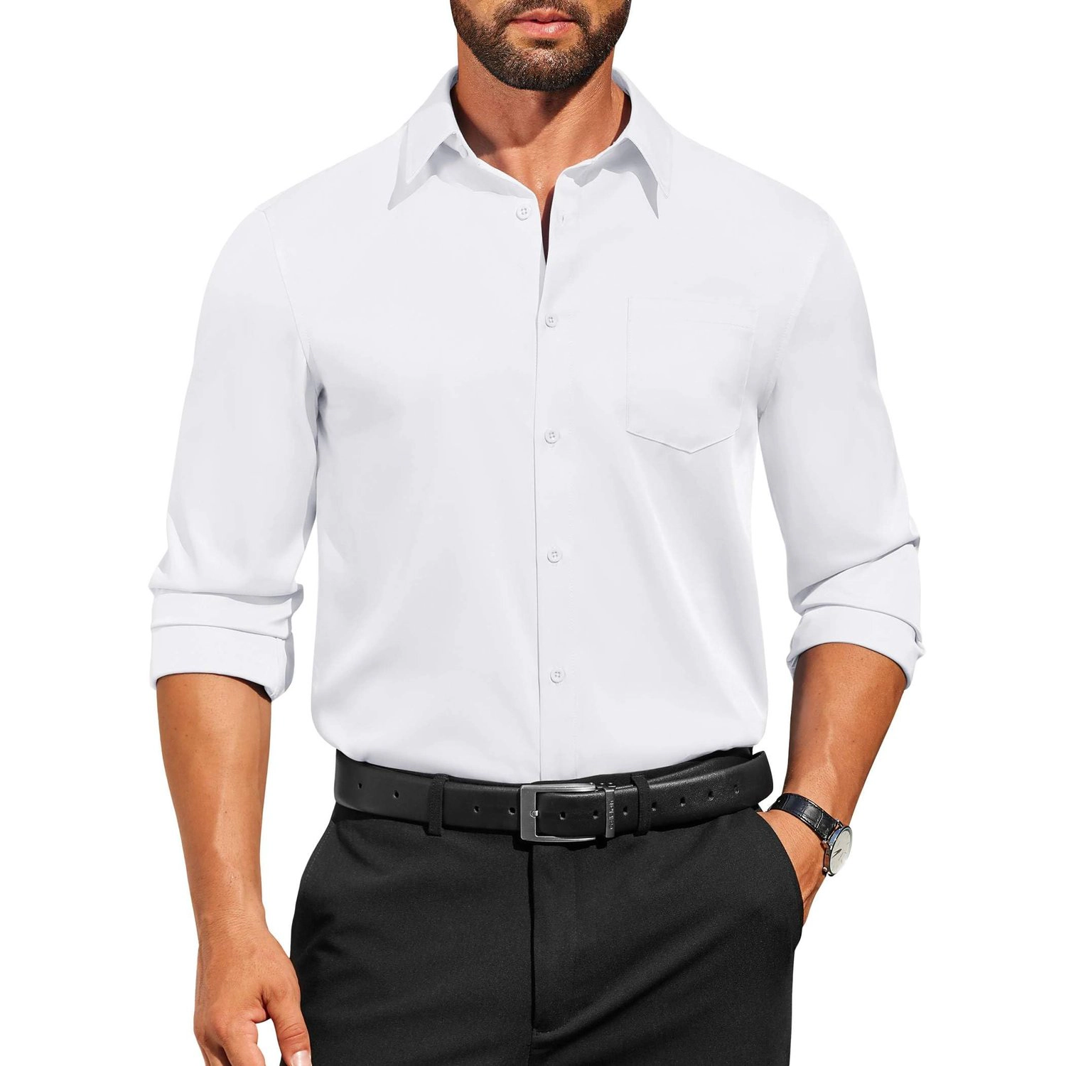 COOFANDY Mens Classic Long Sleeve Dress Shirt Lapel Collar Button Up Chest Pocket