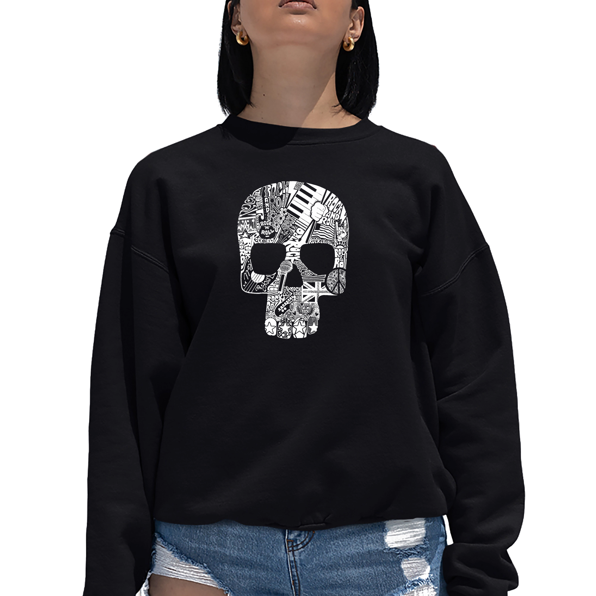 LA Pop Art Rock n Roll Skull - Women's Word Crewneck Sweatshirt
