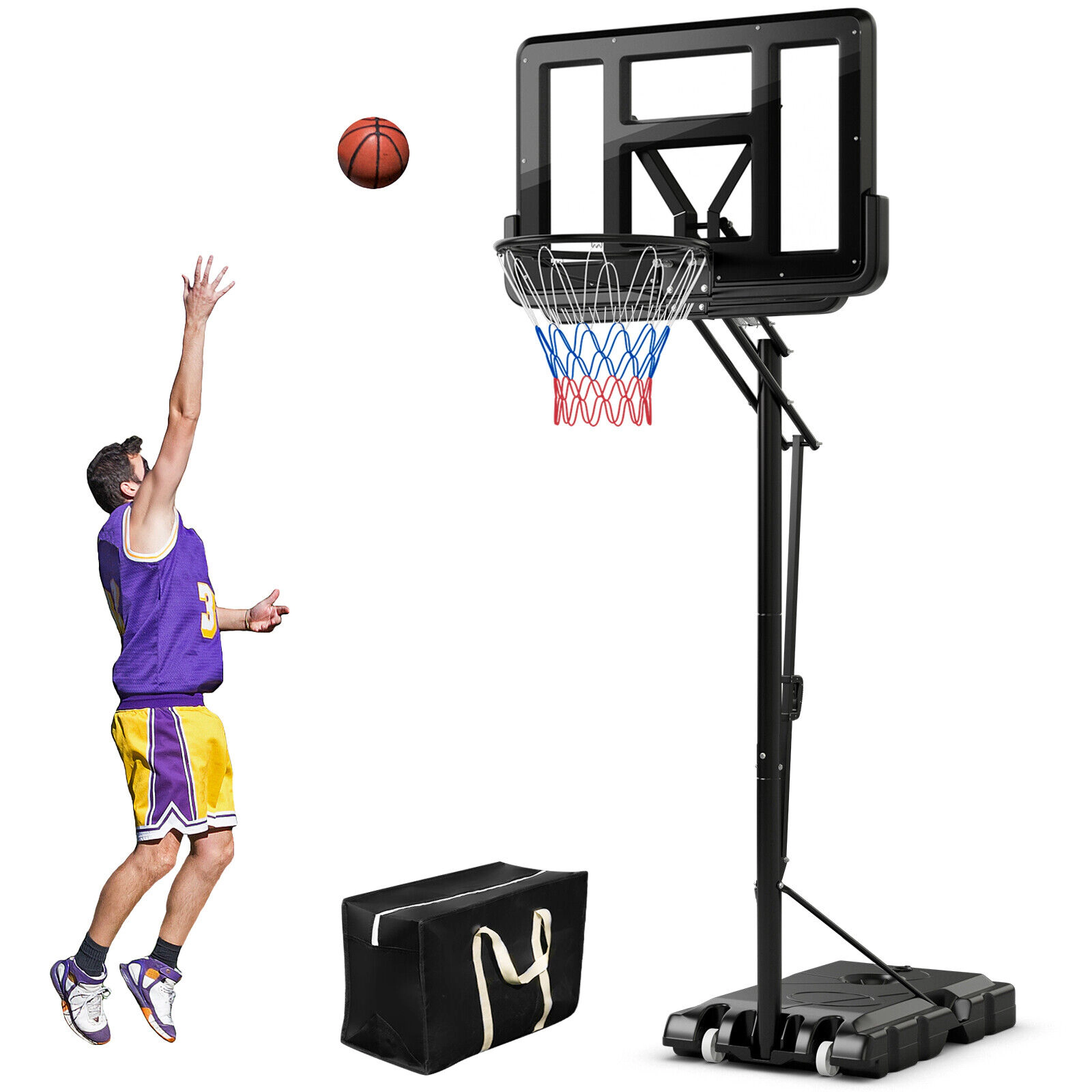 SUGIFT Black Portable Basketball Hoop with 44-in PET Backboard and Quick Lift Grip 4.6-ft to 10-ft H 18-in Rim