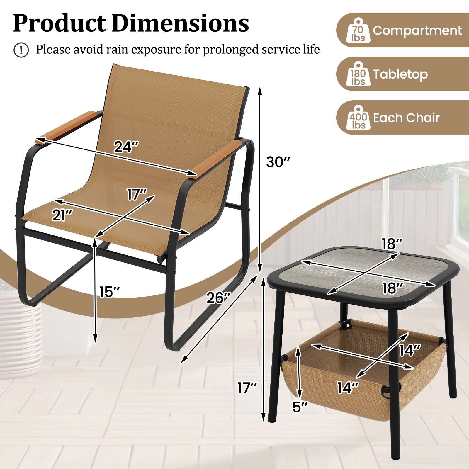 SUGIFT 3-Piece Brown Metal Patio Bistro Set with Mesh Chairs and 2-Tier Storage Table