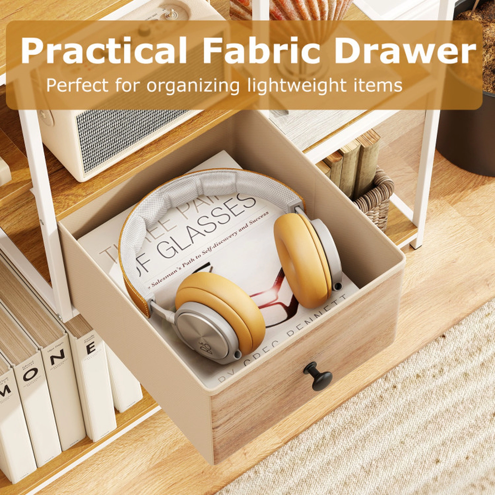 SUGIFT 4 Open Shelves Fabric Drawer Metal Frame Behind Sofa Console Table 40-in x 14-in x 38-in 88-lb Capacity Natural