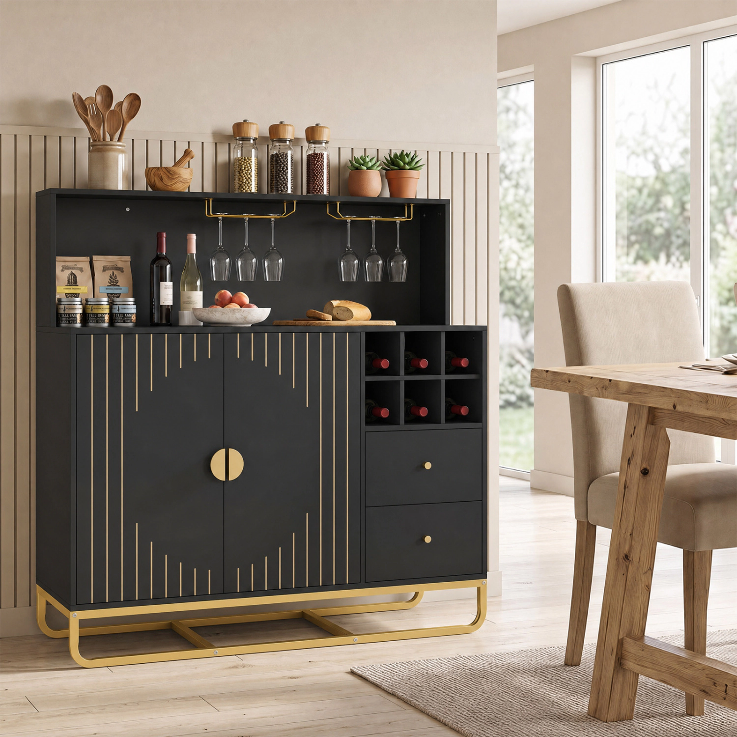 LJG Home Bar Cabinet with Wine Rack Glass Holder and Adjustable Shelf