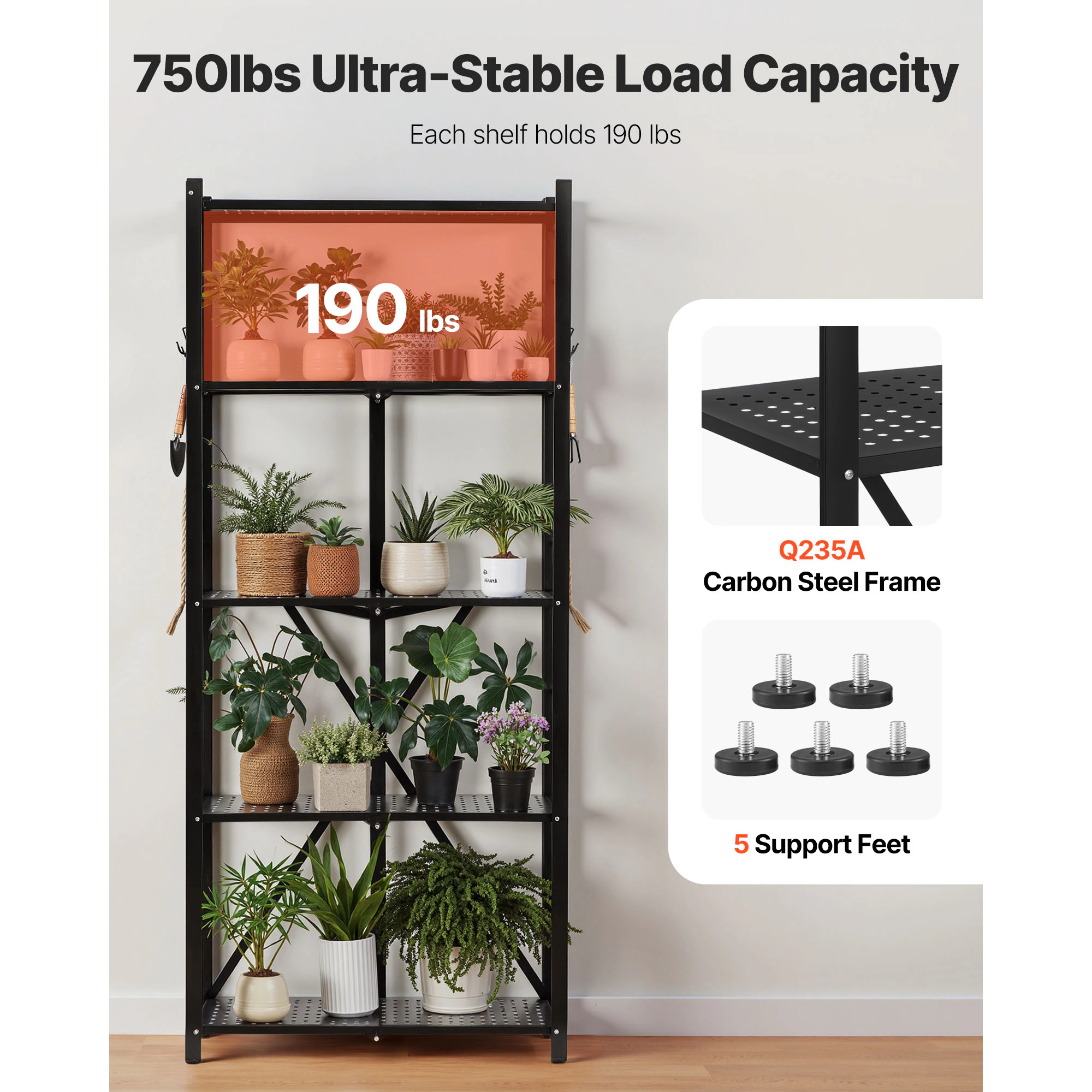 HONGGE Foldable Storage Shelf Folding Metal Rack Shelving Unit No Assembly Organizer Shelf with 5 Wheels & 4 Hooks for