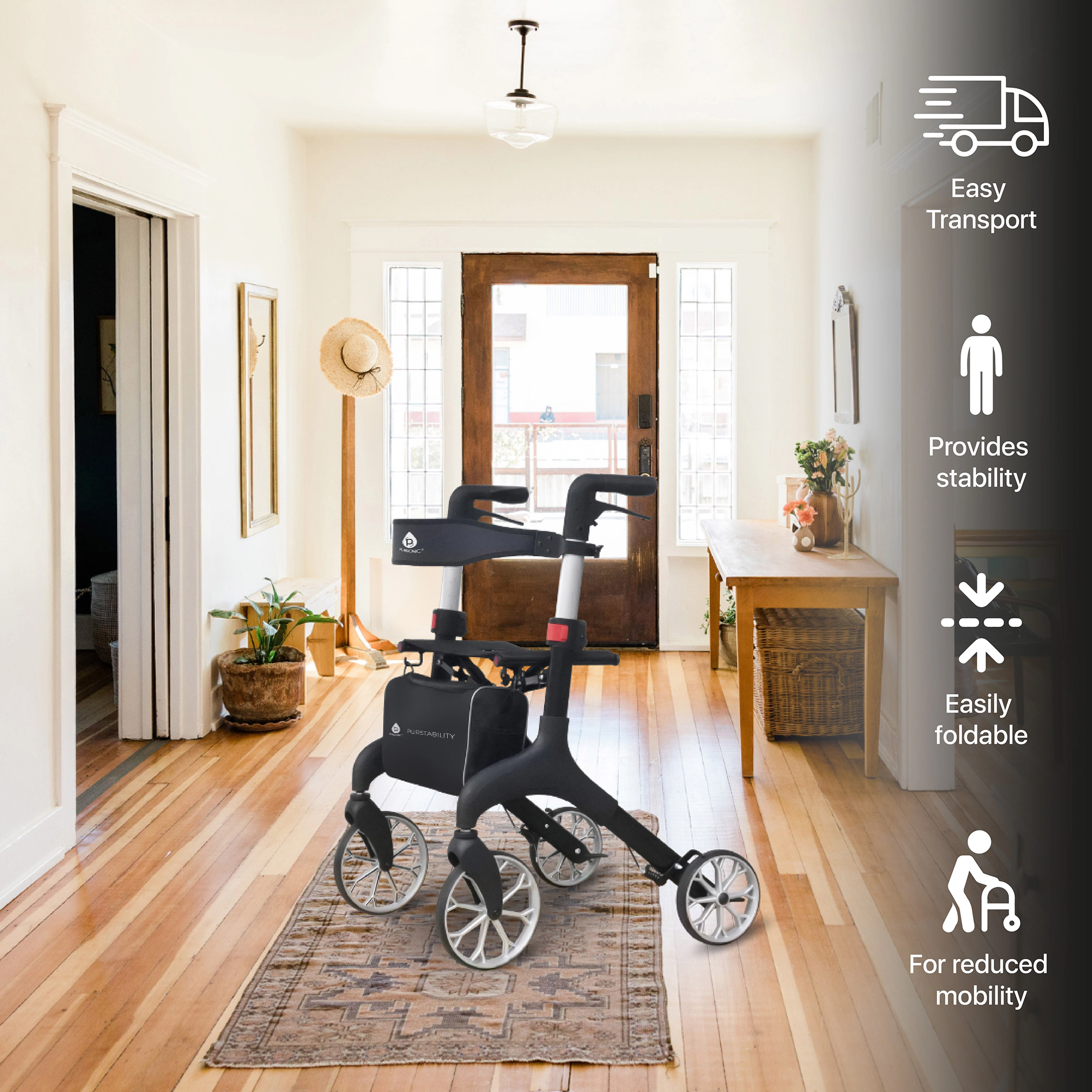 Pursonic Foldable Wheeled Walker with Adjustable Height, 9-Inch Front and 8-Inch Rear Wheels, 300 lb Capacity