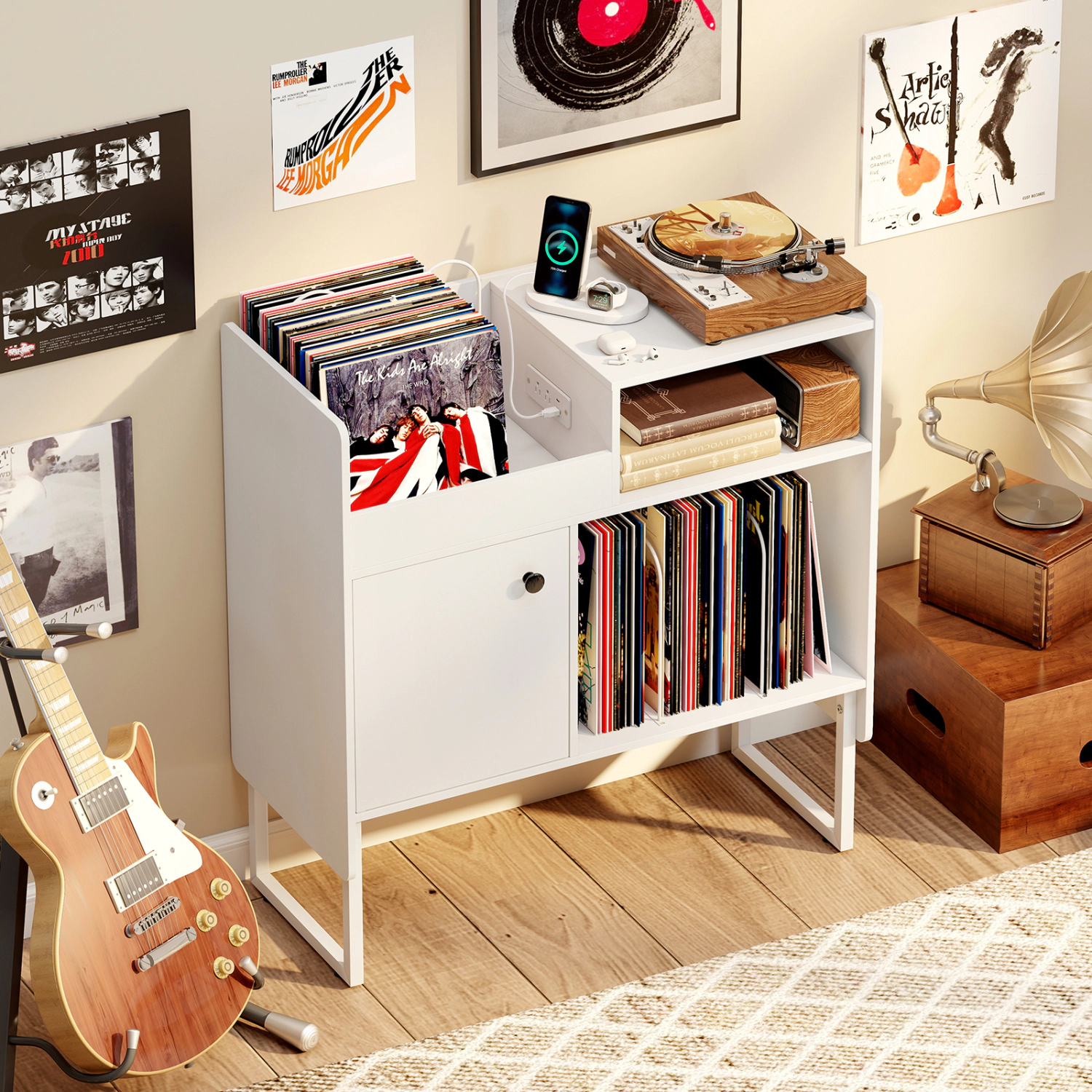 SUGIFT Record Player Stand White with Power Outlets and Vinyl Storage for 250 Albums