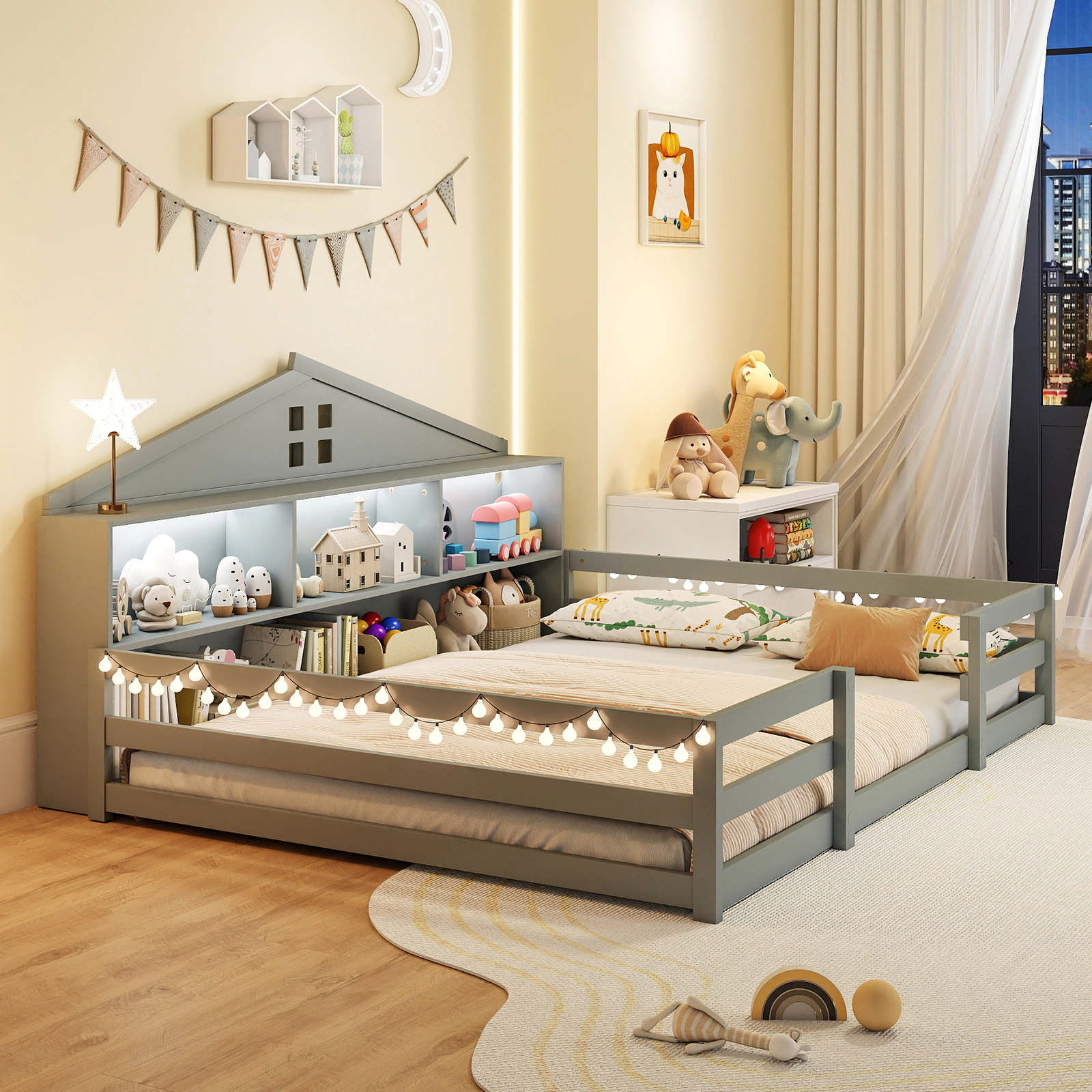 SUGIFT Gray Storage Headboard and Open Shelf Pine Wood Full Kids Montessori House Floor Bed