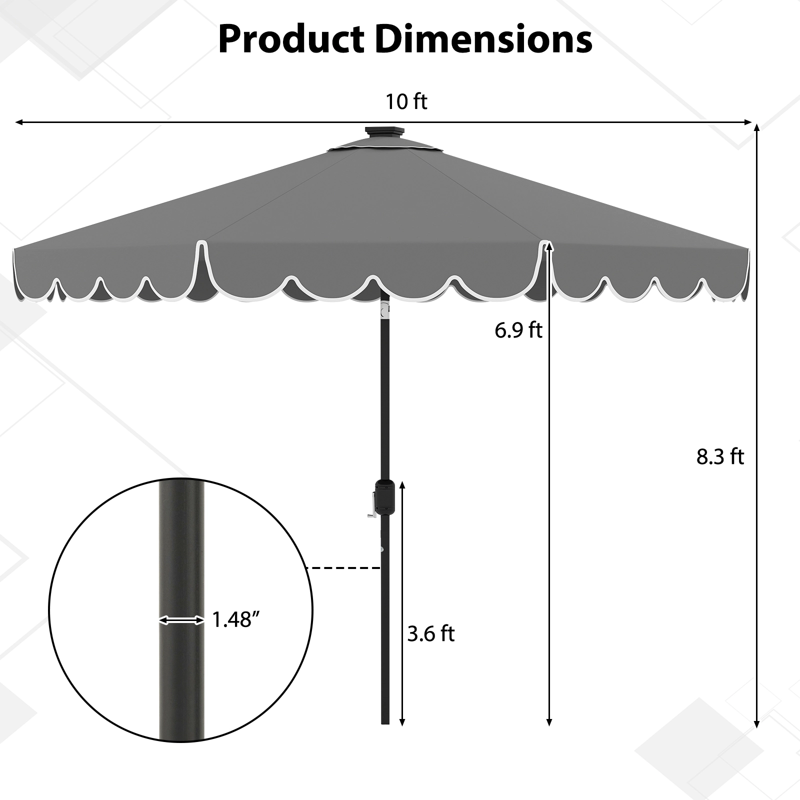 SUGIFT 10-ft Gray Solar LED Patio Umbrella with 24 Lights Push-Button Tilt and Vented Ruffled Canopy