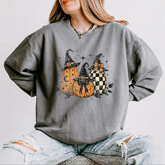 Simply Sage Market - Women's Lightweight Garment Dyed Sweatshirt - Witch Hat Pumpkins