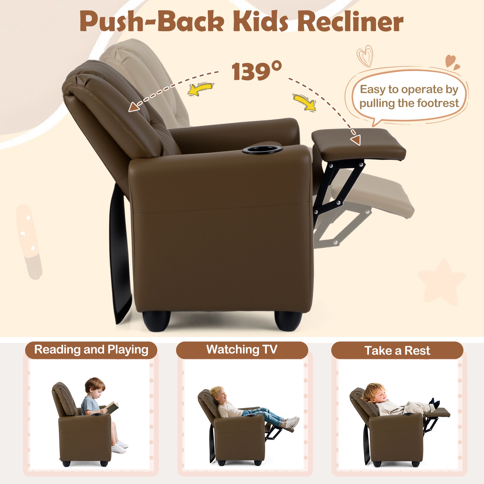 SUGIFT Kids Recliner Chair Push Back Toddler Armchair with Cup Holder