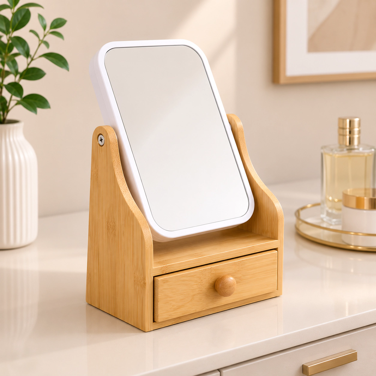Pursonic Women's Dual-Sided Vanity Mirror with 1X & 3X Magnification, 360° Swivel Design & Bamboo Drawer Base
