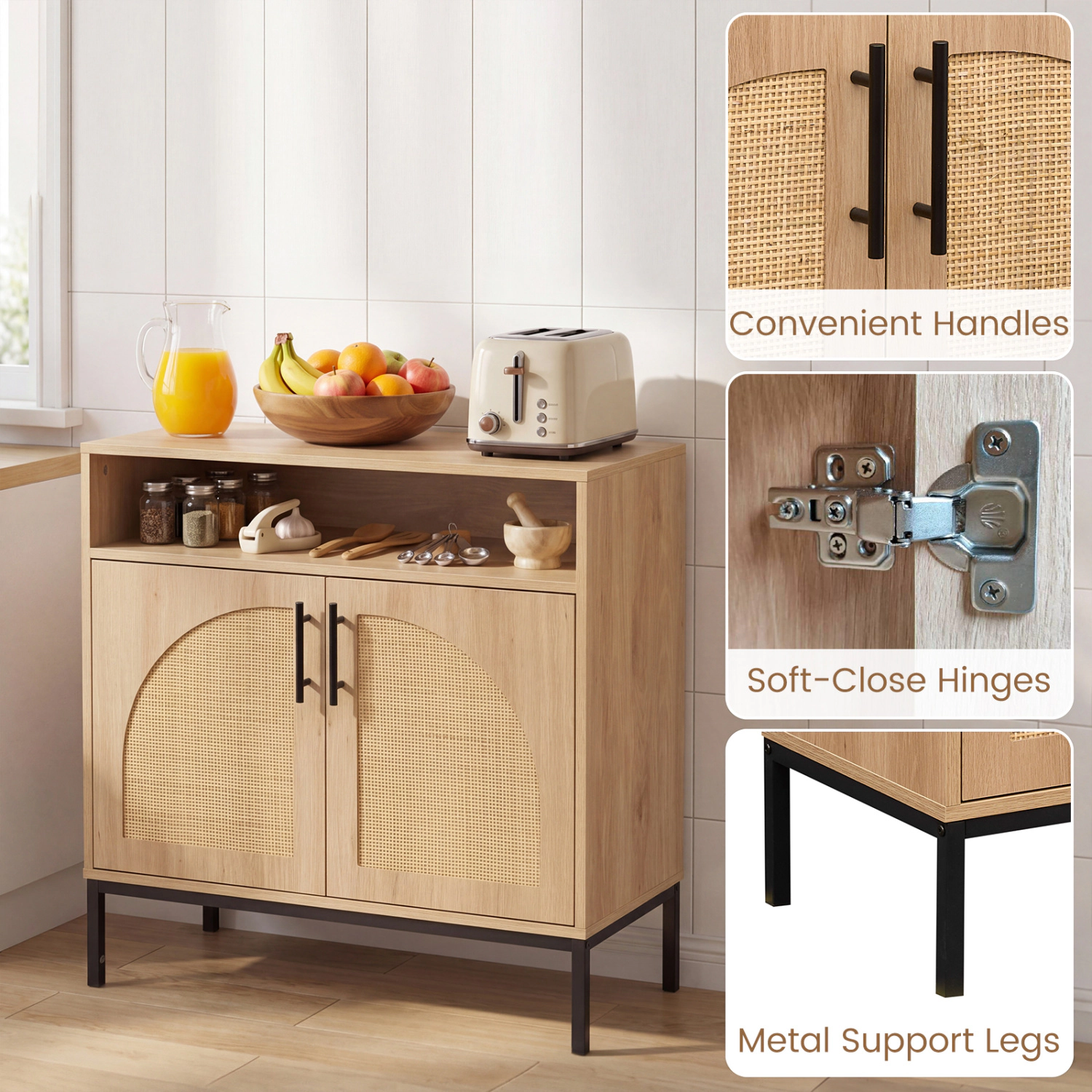 Glintex 32-Inch Sideboard with Rattan Doors and Open Display Shelf