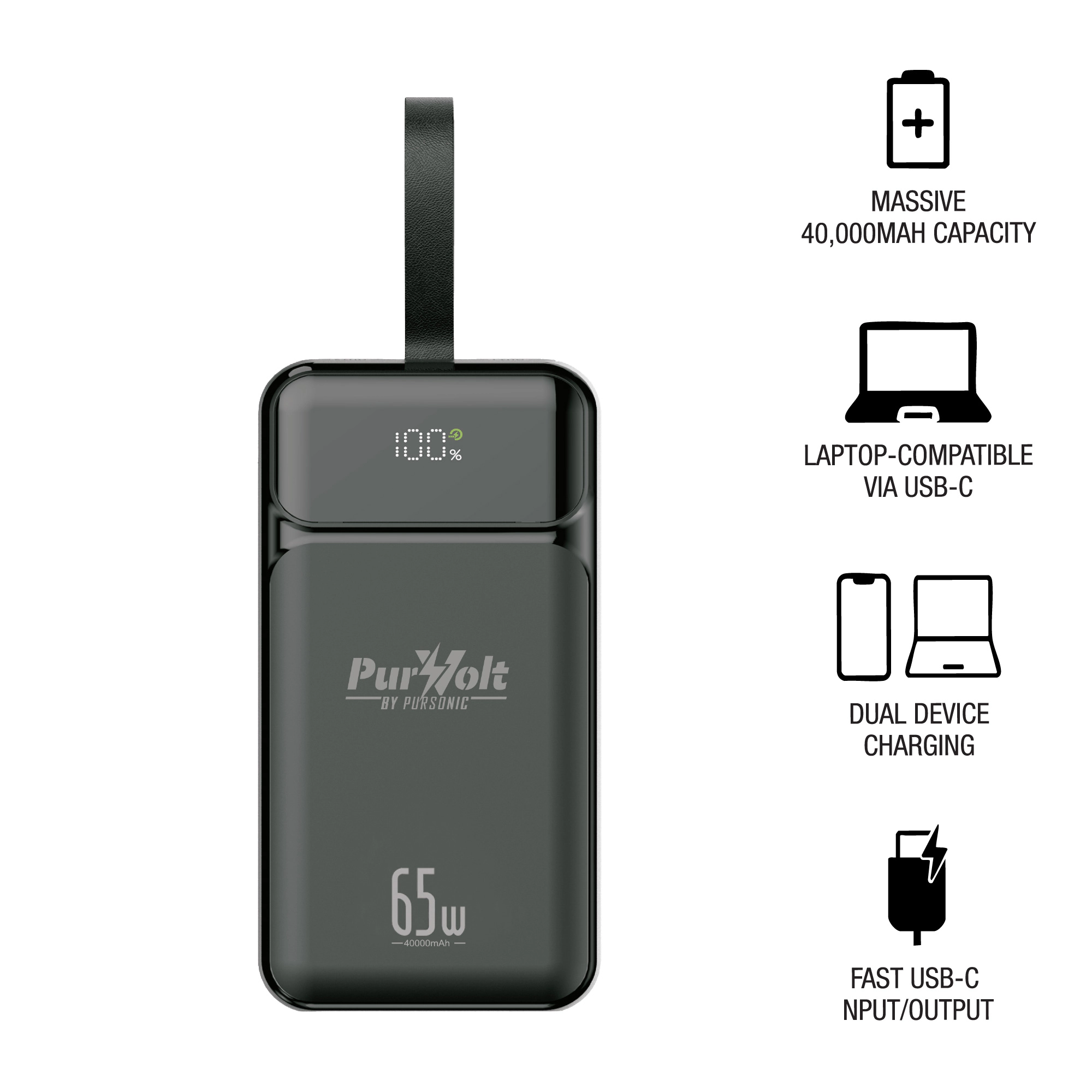 Pursonic Unisex Portable High Capacity 40,000mAh USB-C Fast Charging Power Bank
