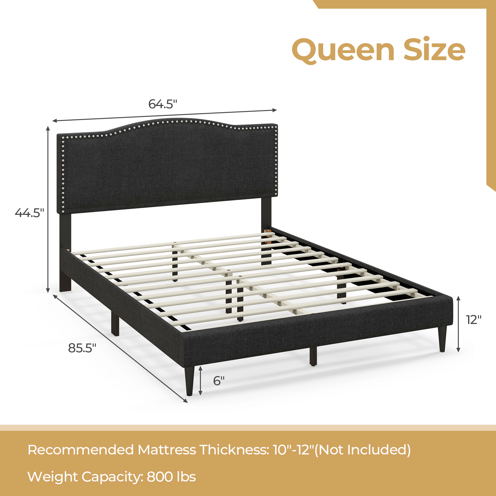 SUGIFT Queen Upholstered Platform Bed Frame, Linen Headboard, Nailhead Trim, Black