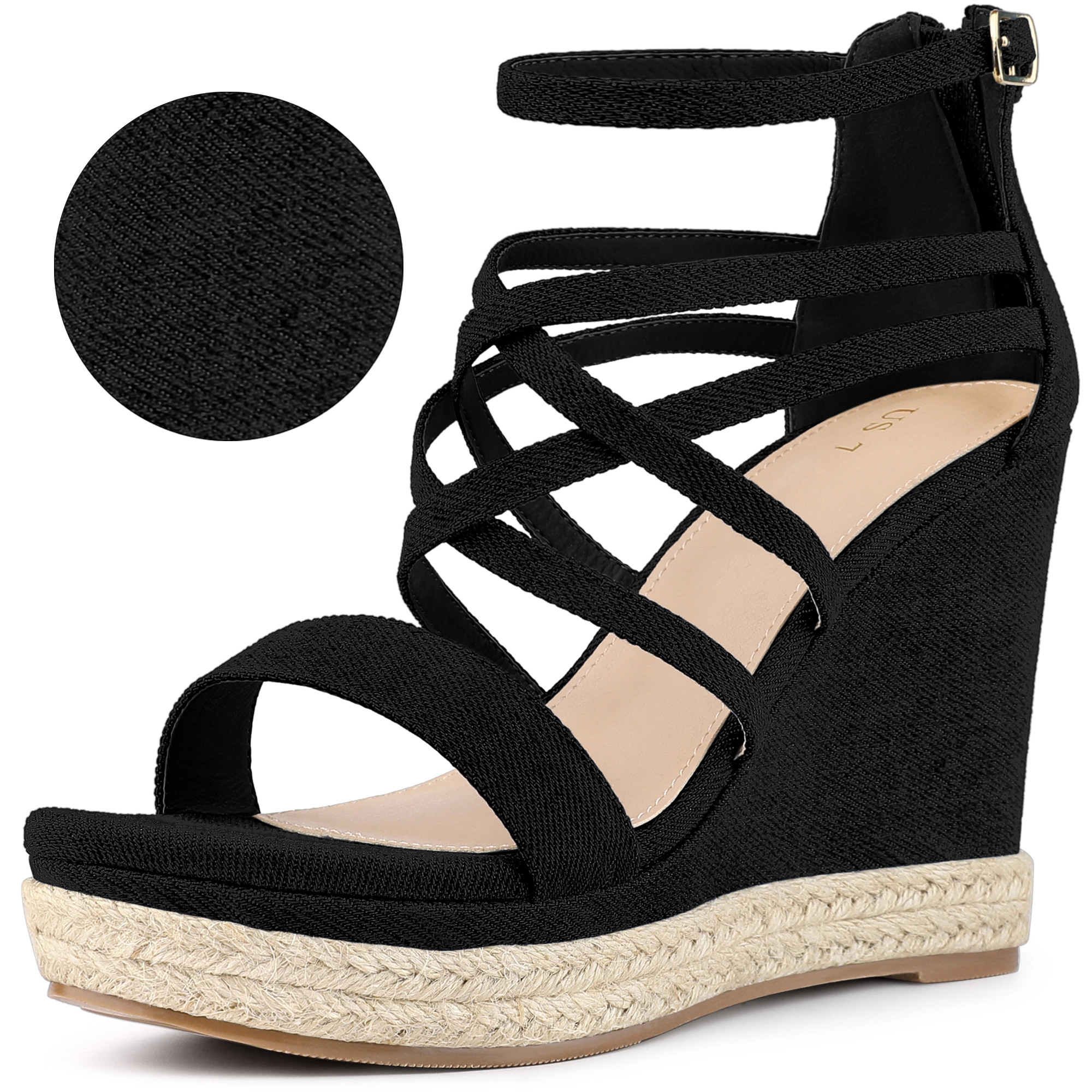 BLISSFUL STEP Women's Denim Strappy Platform Wedge Heel Sandals