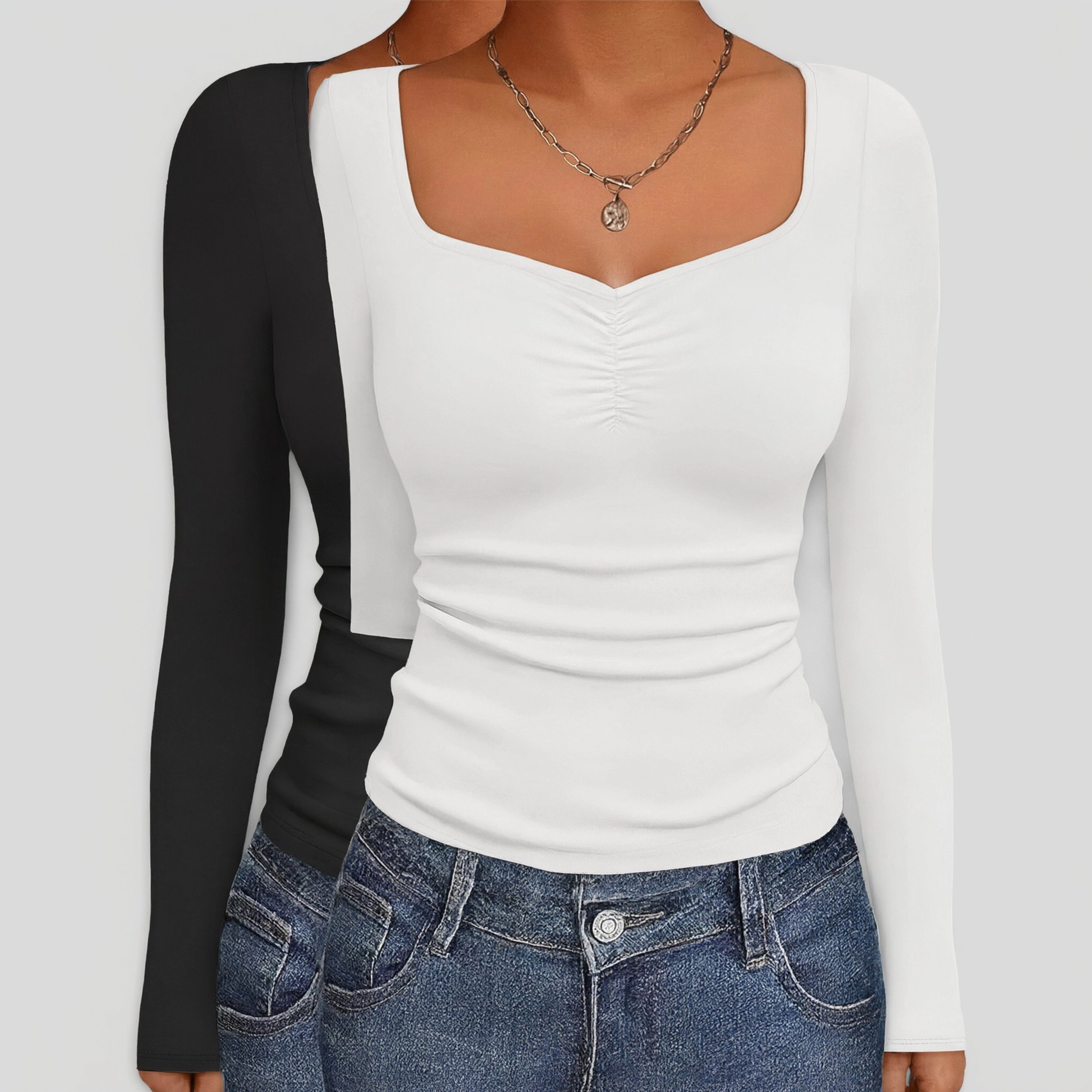 Ekouaer Women's Square Neck Long Sleeve Ruched Slim Fit T-Shirt