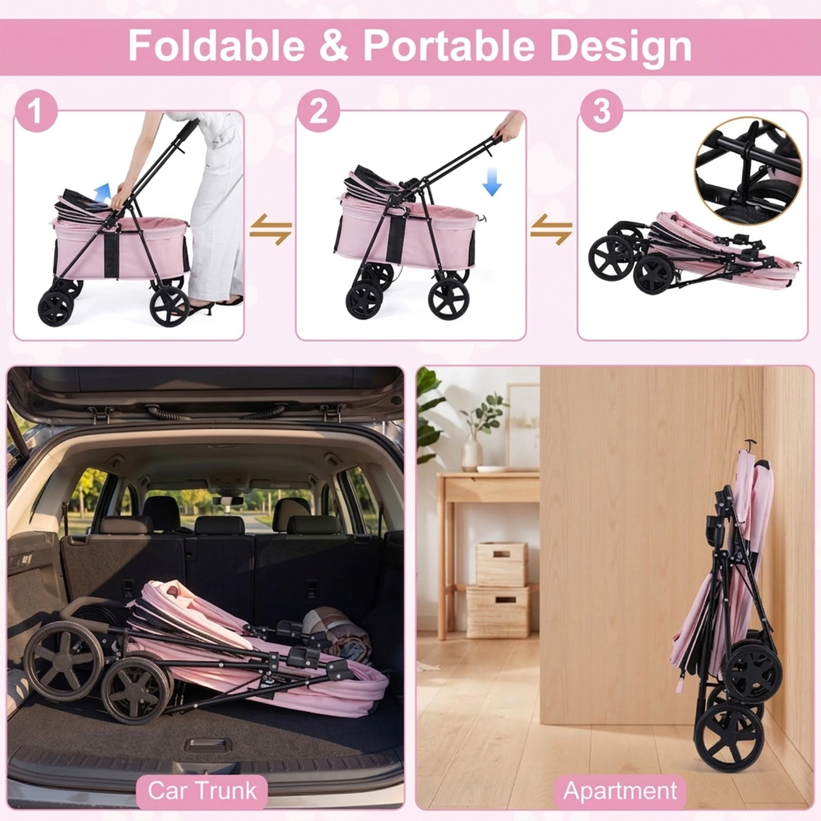 SUGIFT 31.5 x 39.5-in 33-lb Capacity Pink Foldable Pet Cat Dog Stroller with One-Step Rear Brake and Canopy