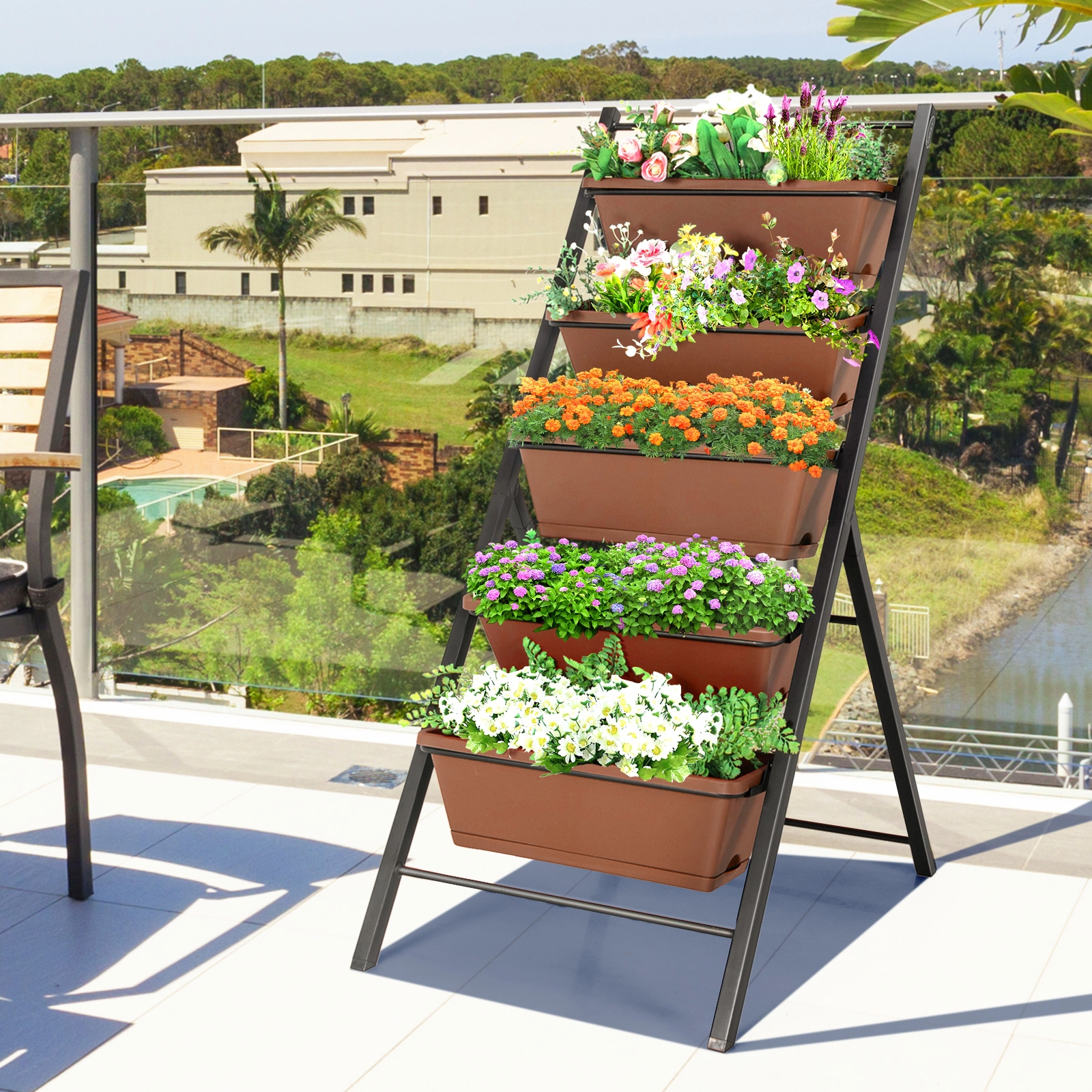 SUGIFT 5-Tier Vertical Garden Planter Box Elevated Raised Bed 22-lb Capacity Per Box Brown/Green