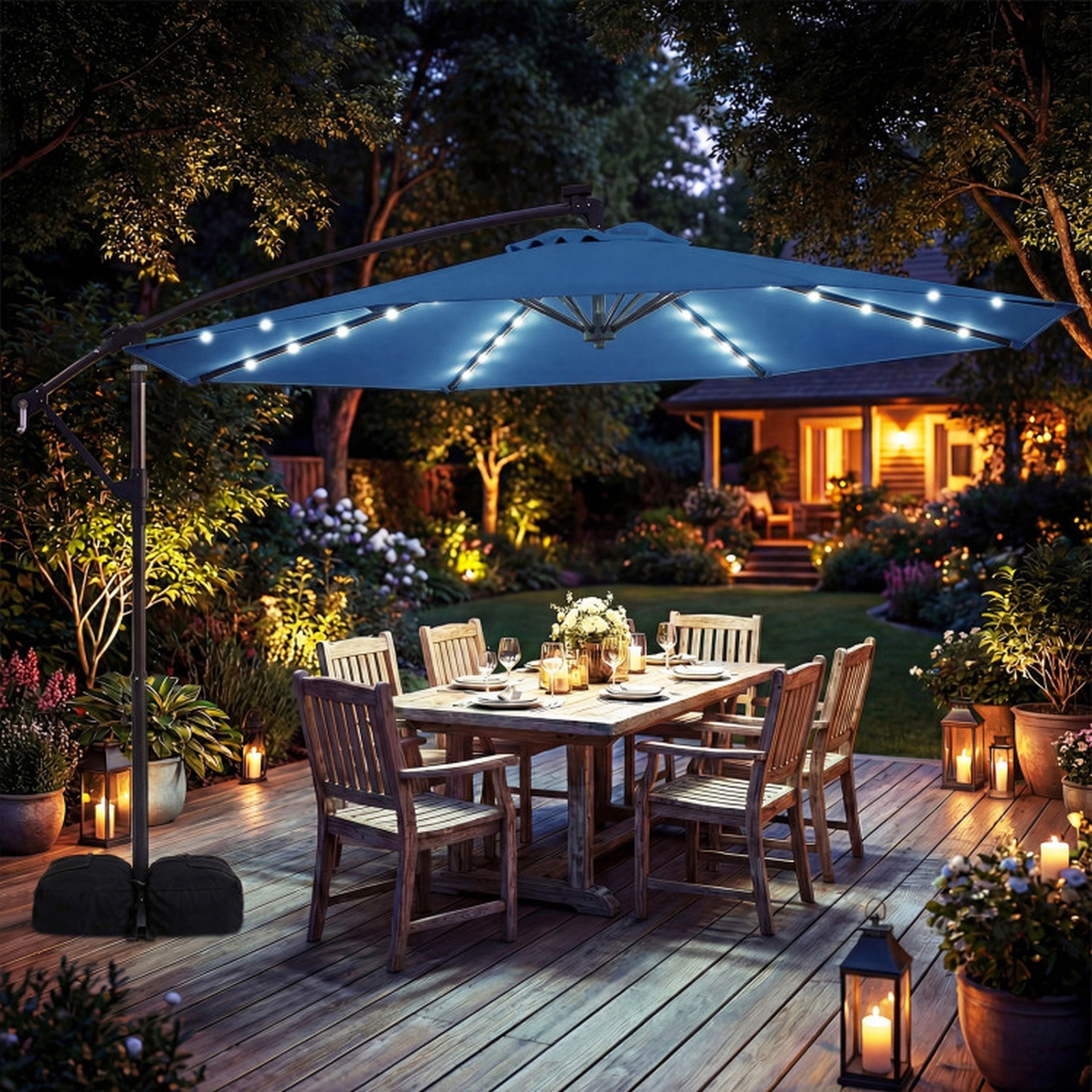 SUGIFT 10-ft Blue Solar LED Offset Cantilever Patio Umbrella with Cross Base and 2 Sandbags for Backyard