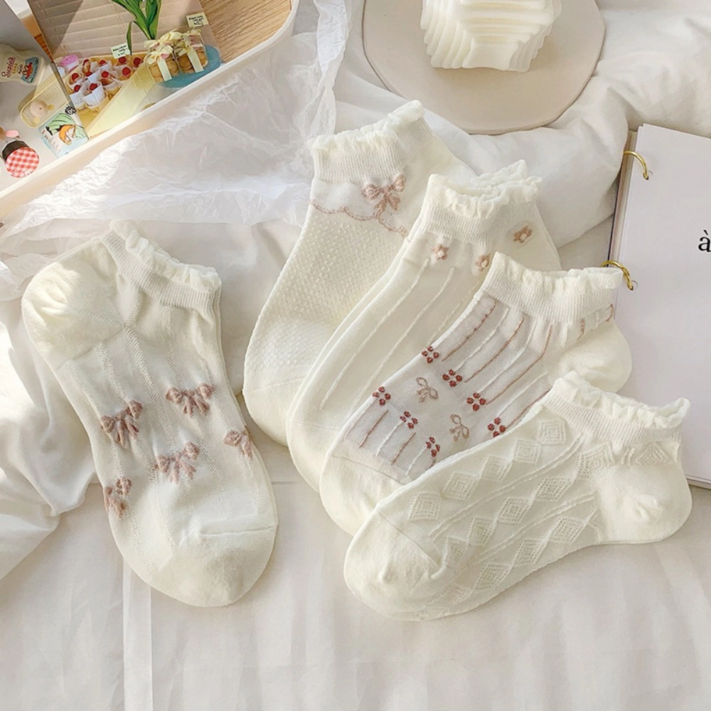 Wardrobe Whimsy 5 Pairs Short Thin Women Socks Asakuchi Print Boat Breathable Cute Sock