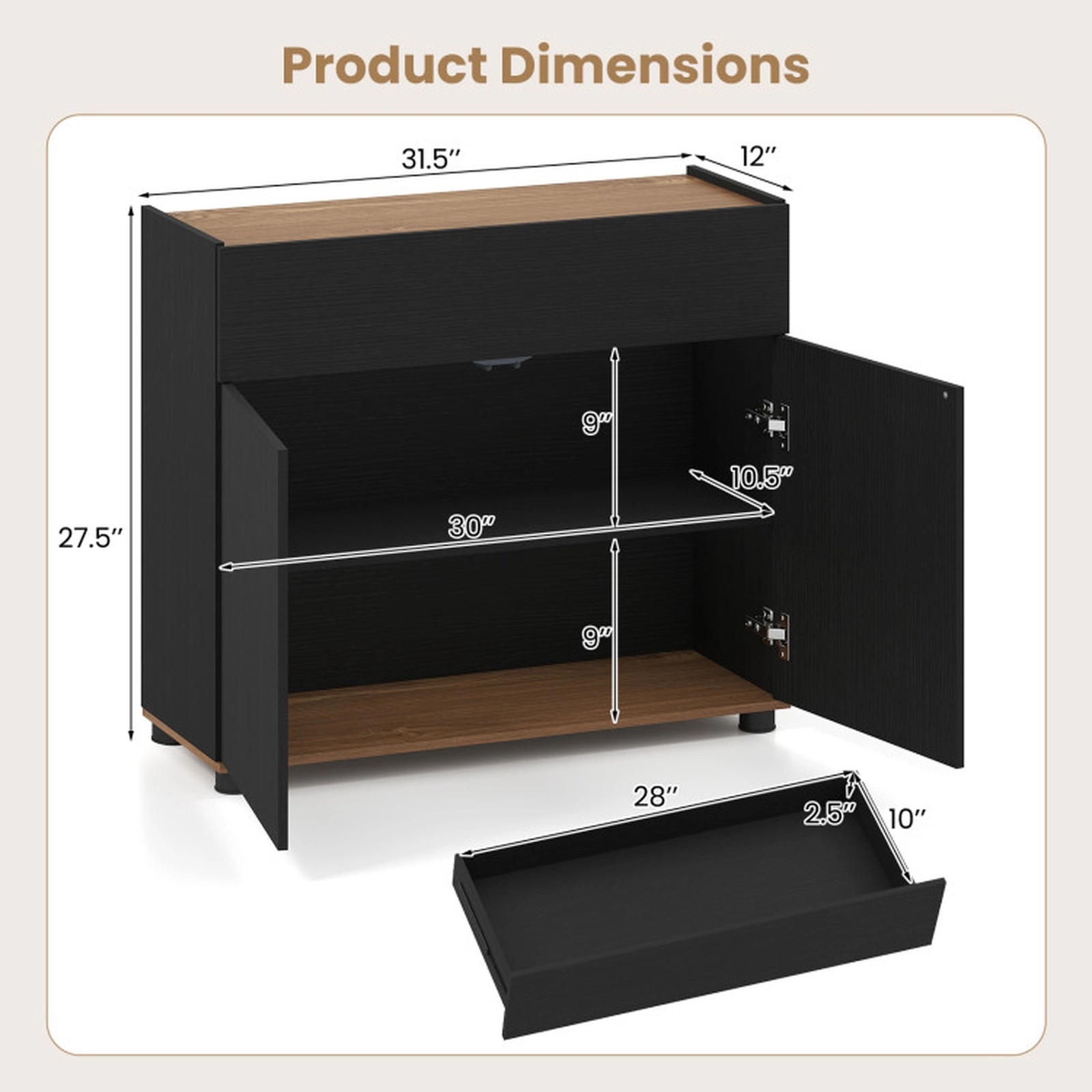 SUGIFT 31.5-in 88-lb Countertop Black Wooden Sideboard Buffet Cabinet with Push-to-Open Doors and Wide Drawer
