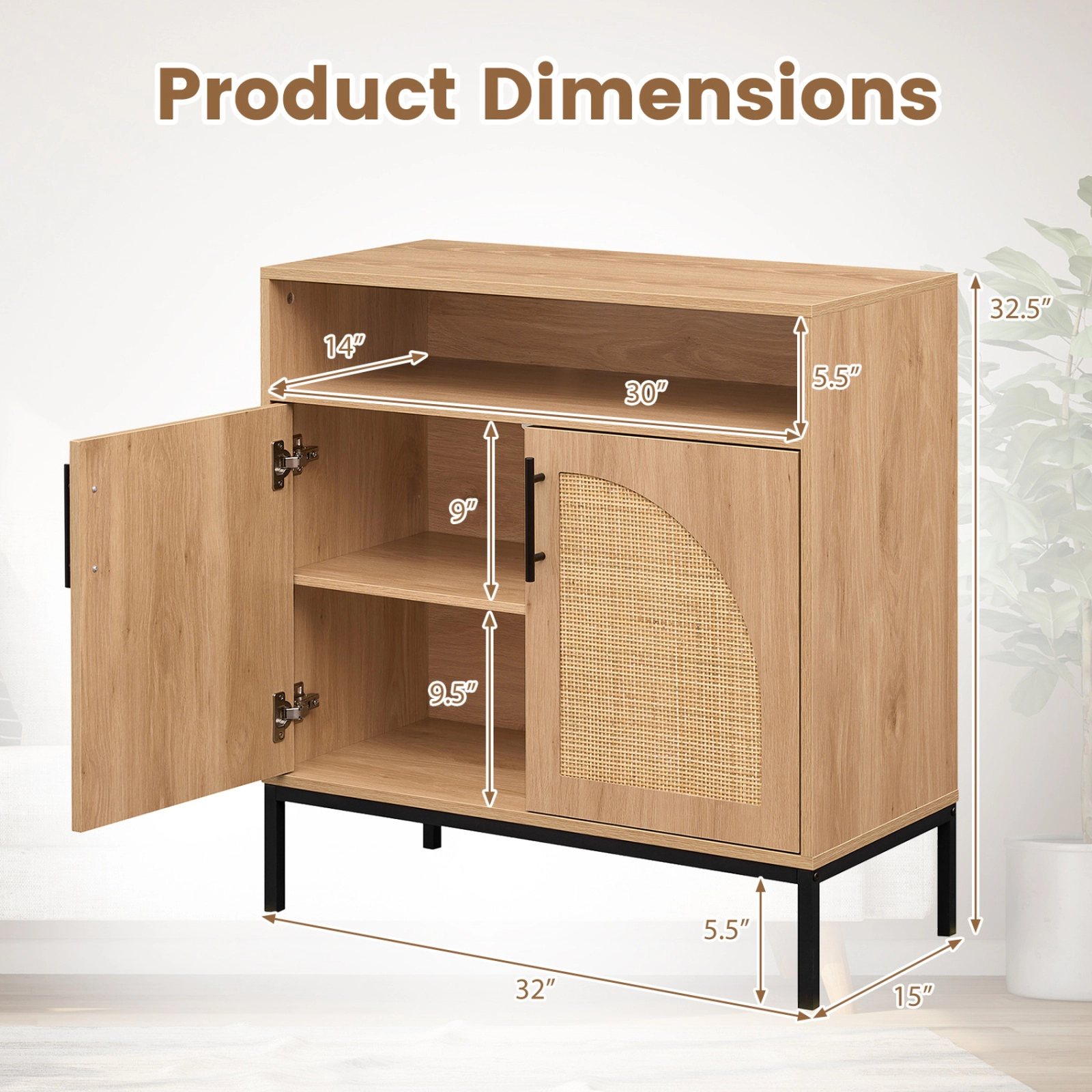 SUGIFT Rattan Door Sideboard Buffet Cabinet with Shelf 145-lb Capacity 32.5-in Tall 32-in Wide 2-Door Natural/White