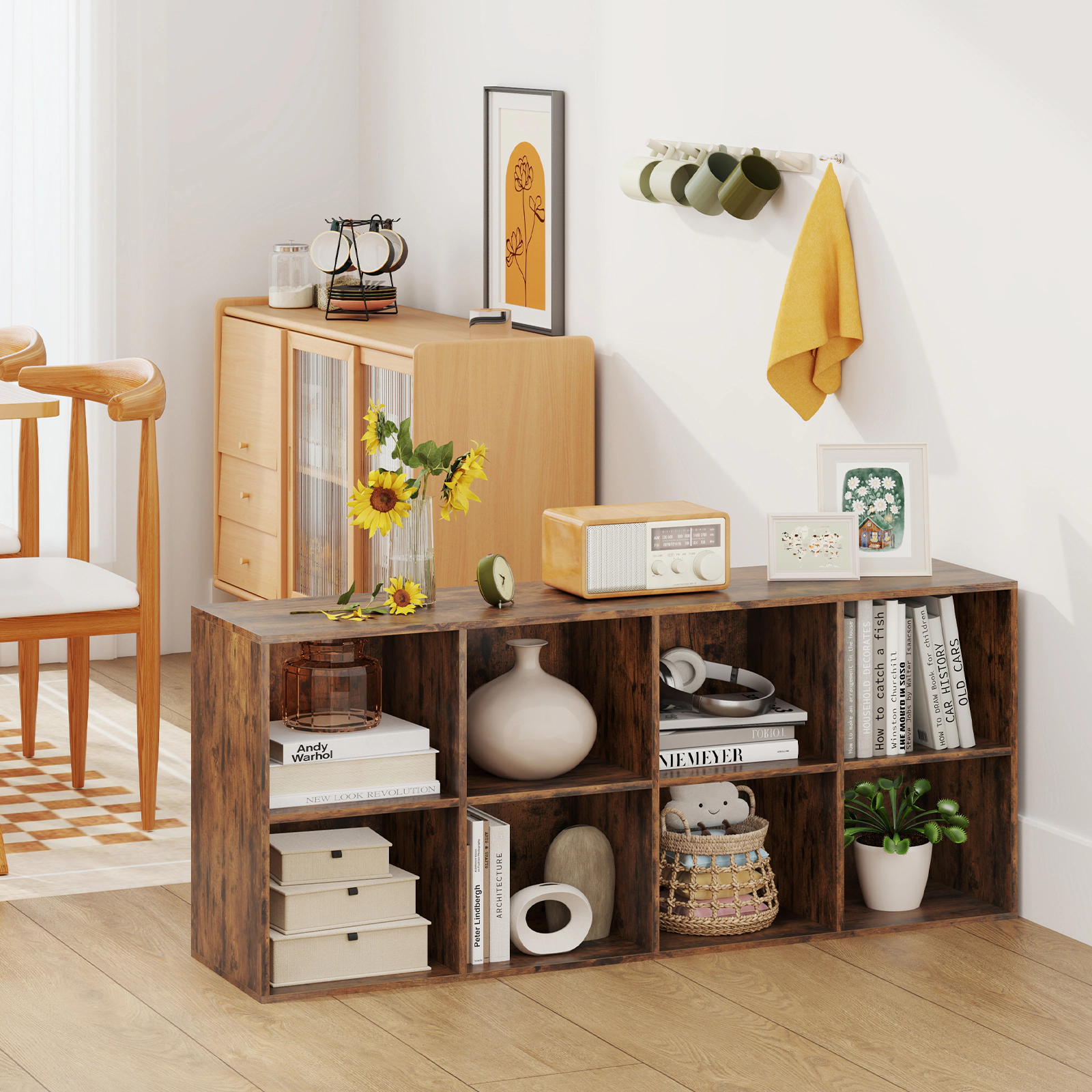 SUGIFT 8-Cube Rustic Brown 48-in Low Cube Storage Organizer Bookshelf with 2 Anti-Tipping Kits and 180-lb Top