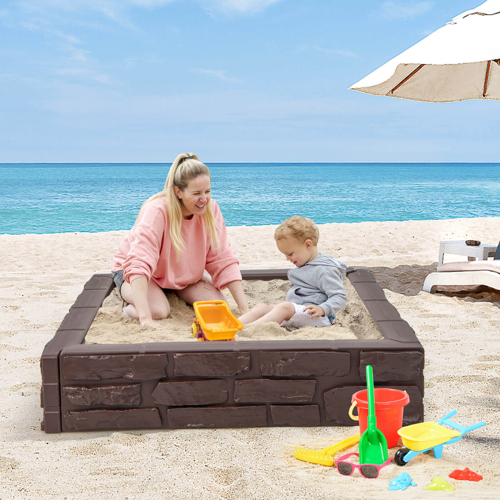 LJG 2-In-1 HDPE Kids Sandbox with Cover and Bottom Liner
