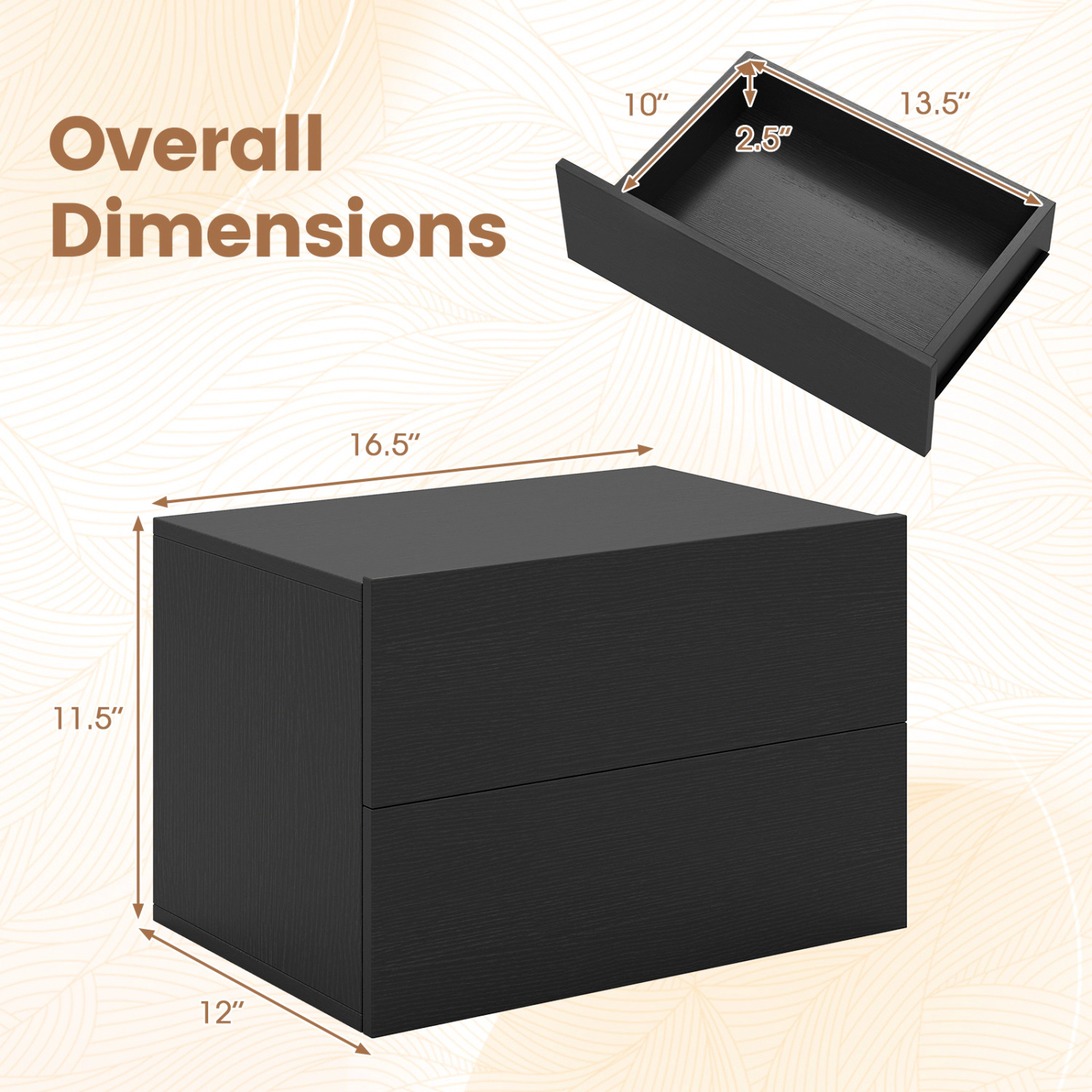 Glintex Floating Wall-Mounted Nightstand with 2 Drawers and Wall Kits
