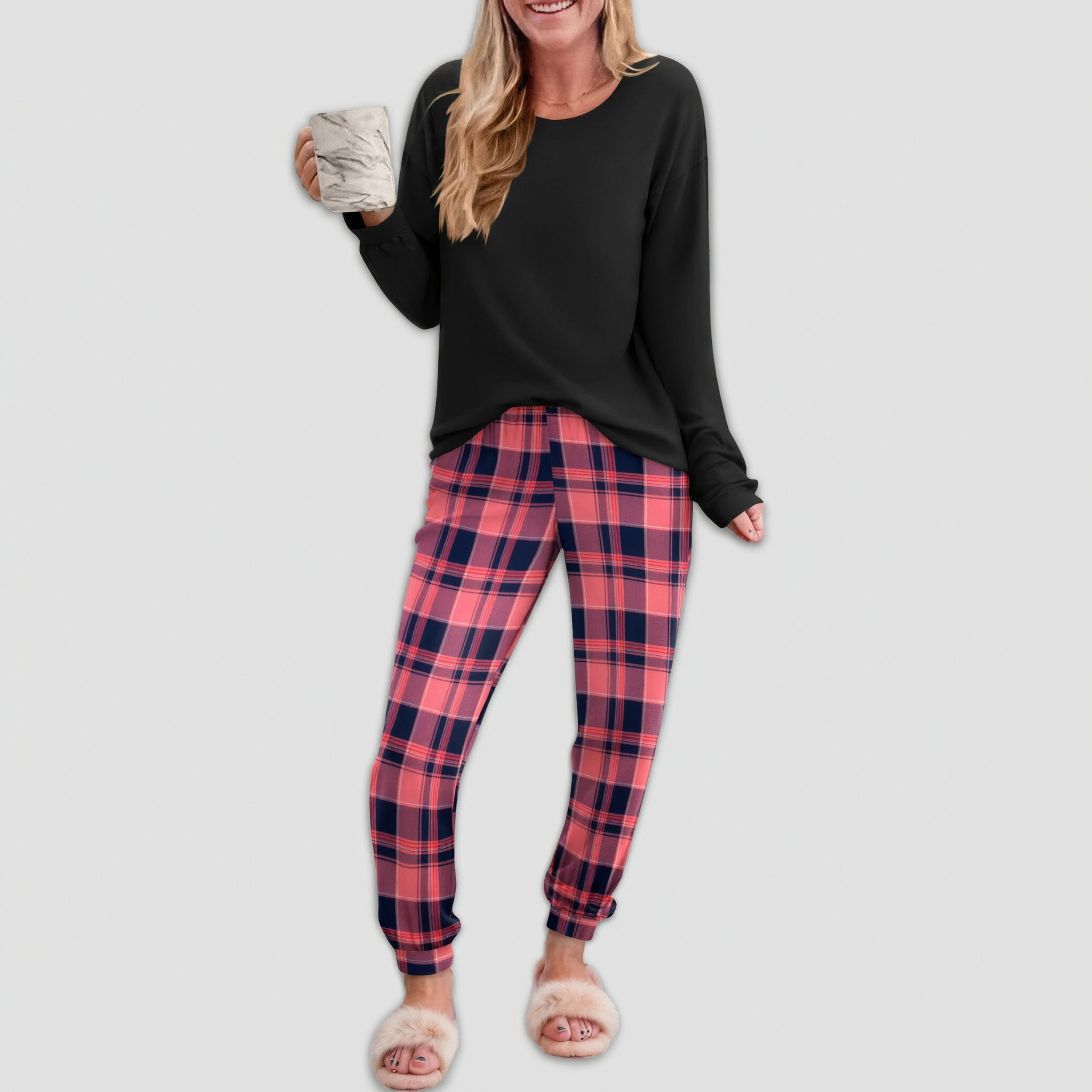 Ekouaer Pajama Sets Two Piece Plaid Pajamas Long Sleeve Lounge Gingham Nightwear with Pockets