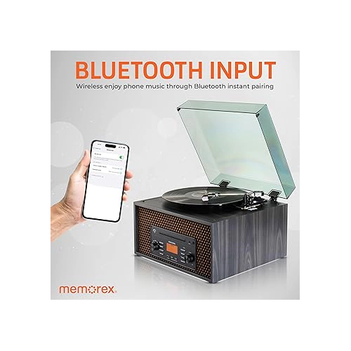 Memorex MX-TT700 7-in-1 Wooden Music Center - 3-Speed Turntable, Cassette, CD/MP3, Bluetooth