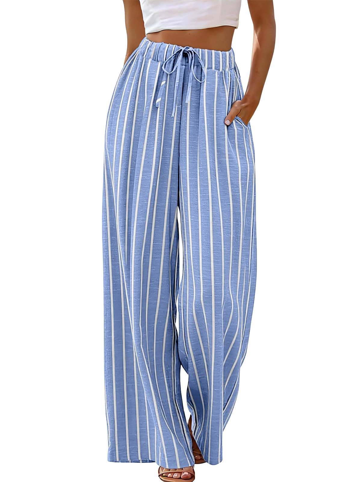 YesFashion Women's Striped Wide Leg High Waist Drawstring Palazzo Pants