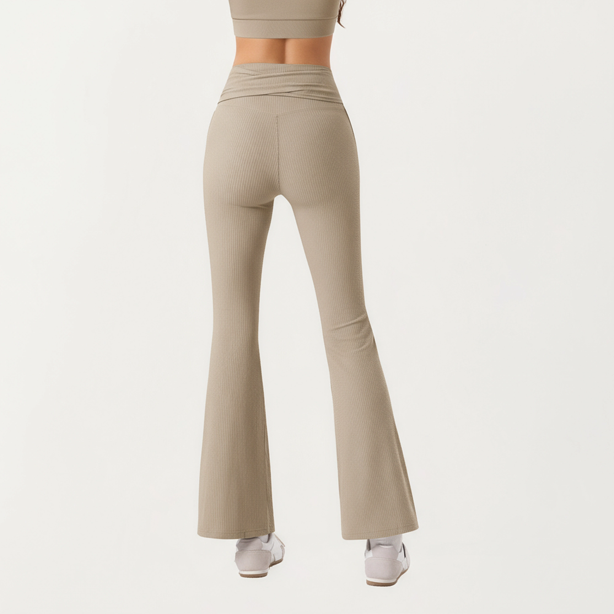 Anna-Kaci Active Women's Ribbed Knit Flare Pants with Wrap Tie Waistband and High Waist Silhouette
