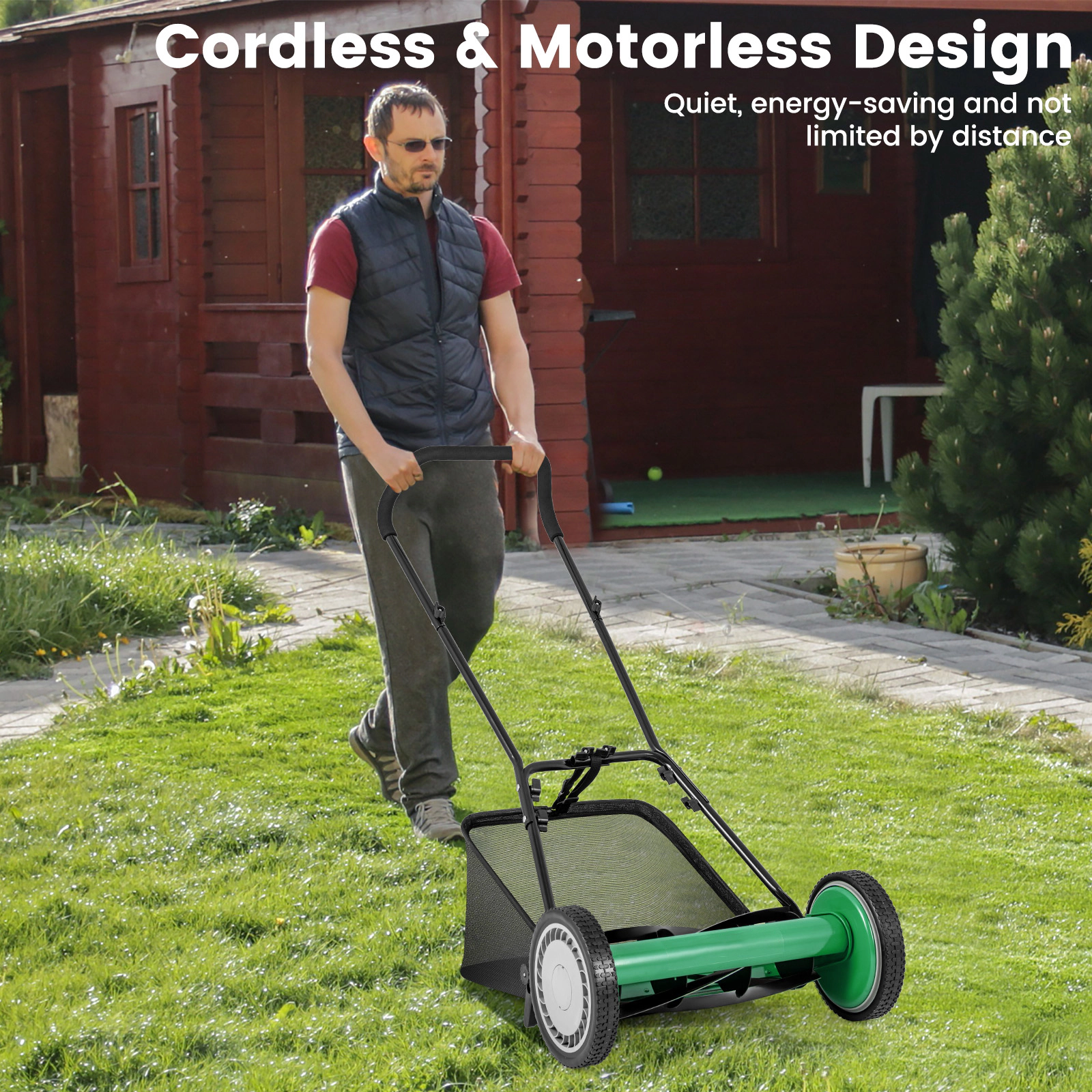 SUGIFT Green 16-in Push Reel Lawn Mower with 5 Manganese Blades 4 Cutting Heights and 7-gal Catcher Bag