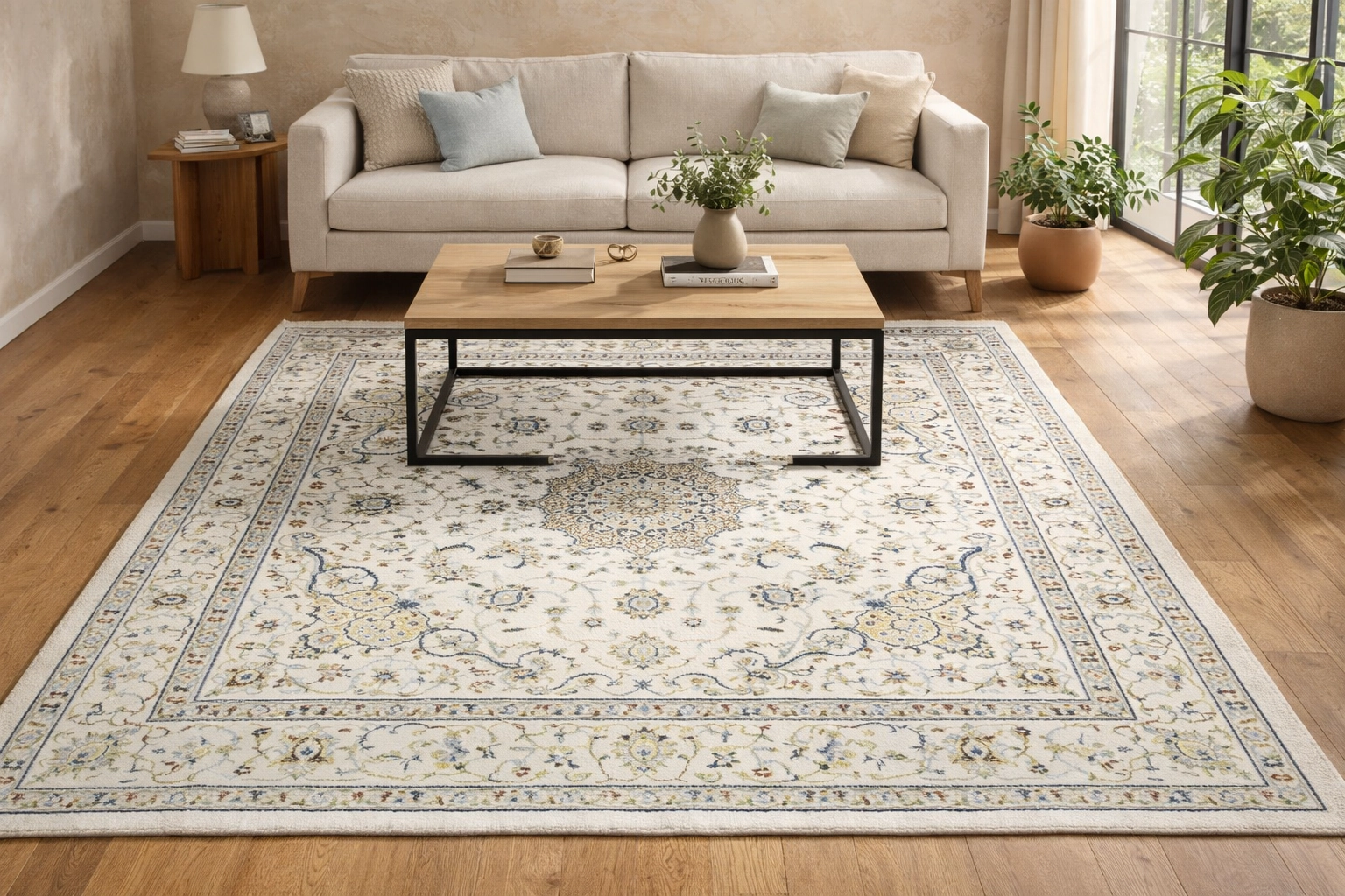 Magic Rugs 4'2 x 4'2 Hand Knotted Indo-Nain Cream Floral Wool Square Rug