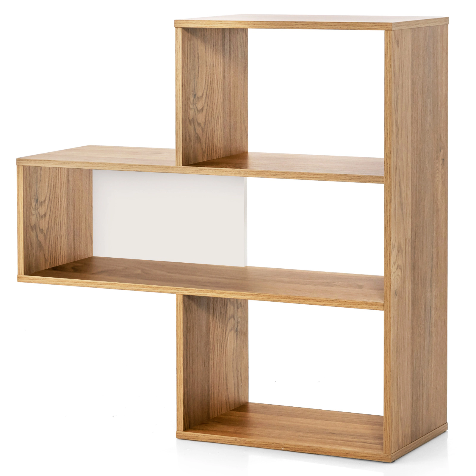SUGIFT 3-Shelf Natural 33-in Open Convex Bookshelf Display Organizer with Anti-Toppling Device and 88-lb Top