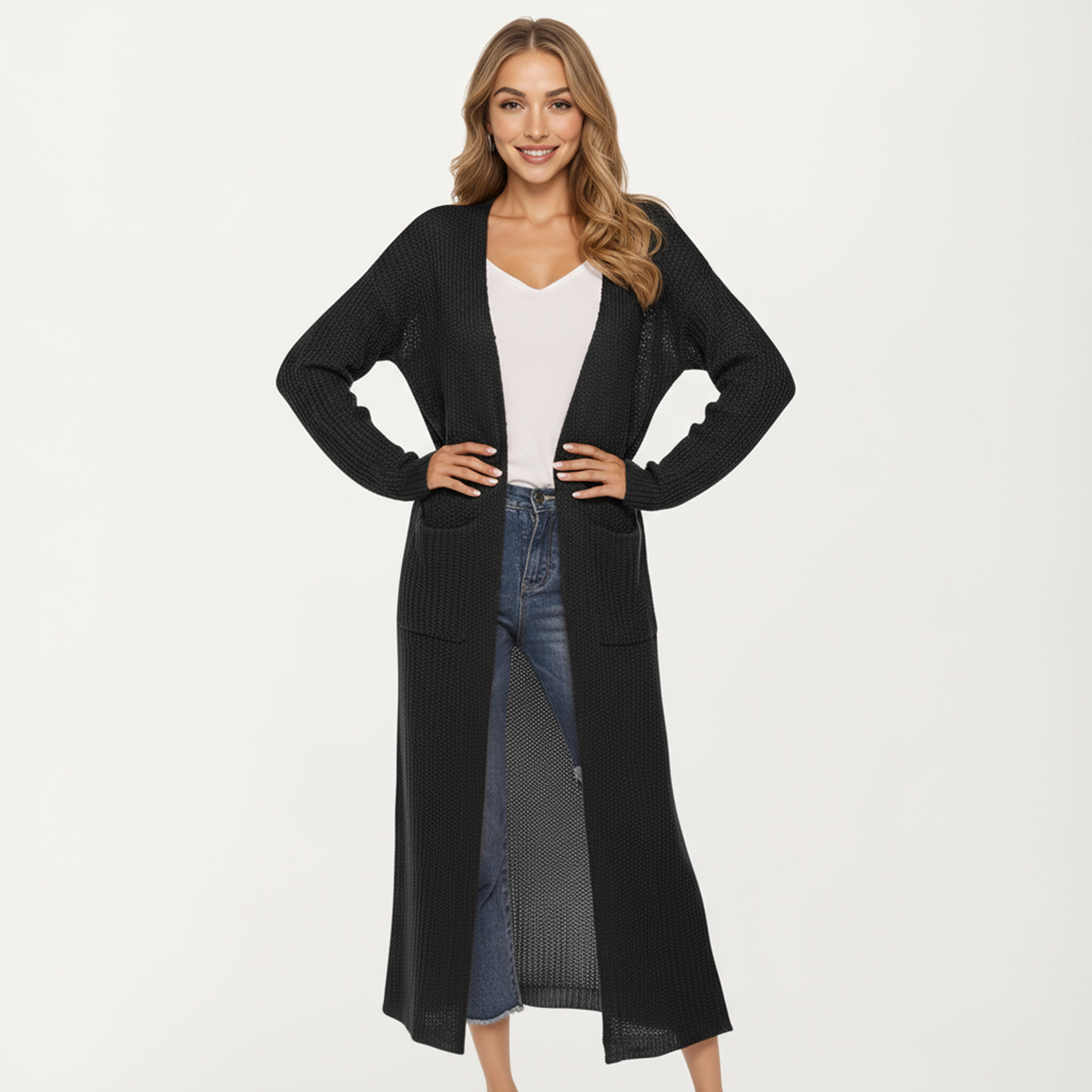 Anna-Kaci Women's Open Front Long Knit Cardigan with Pockets and Ribbed Trim Design
