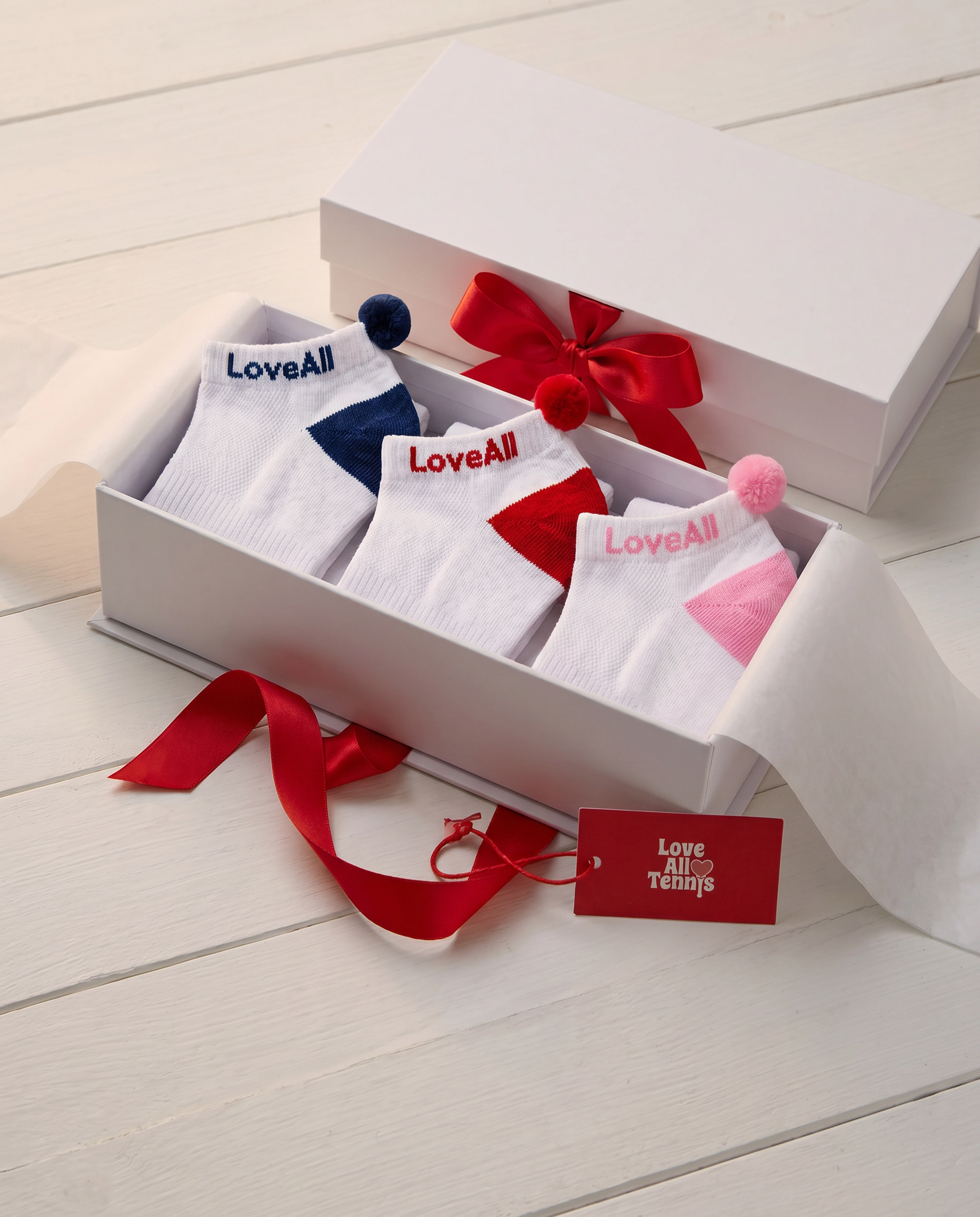 Love All Tennis Pom Pom Sock 3-Pack - Cotton Blend, Ribbed Fit