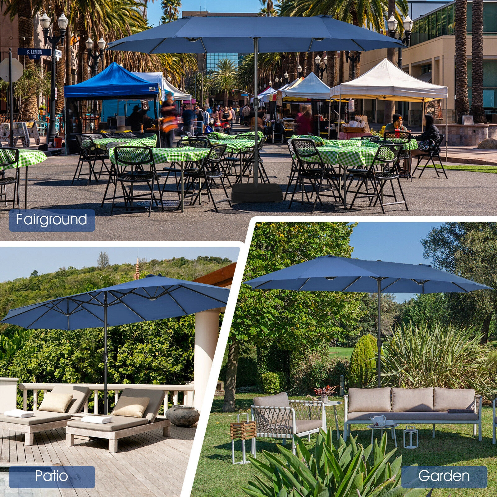 SUGIFT 15.4-ft Double-Sided Patio Umbrella with Hand-Crank System Steel Frame 1.9-in Pole 26-lb Net Weight Navy