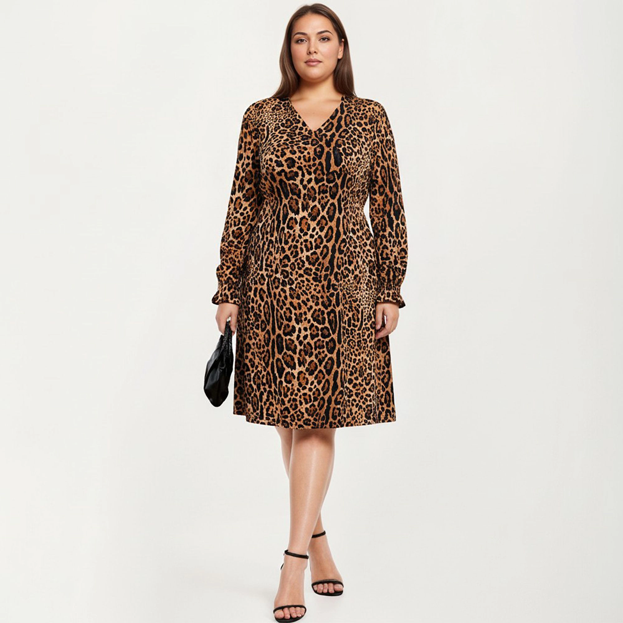 Anna-Kaci Women's Plus Leopard Print Long Sleeve V Neck Flattering Straight Silhouette Knit Dress