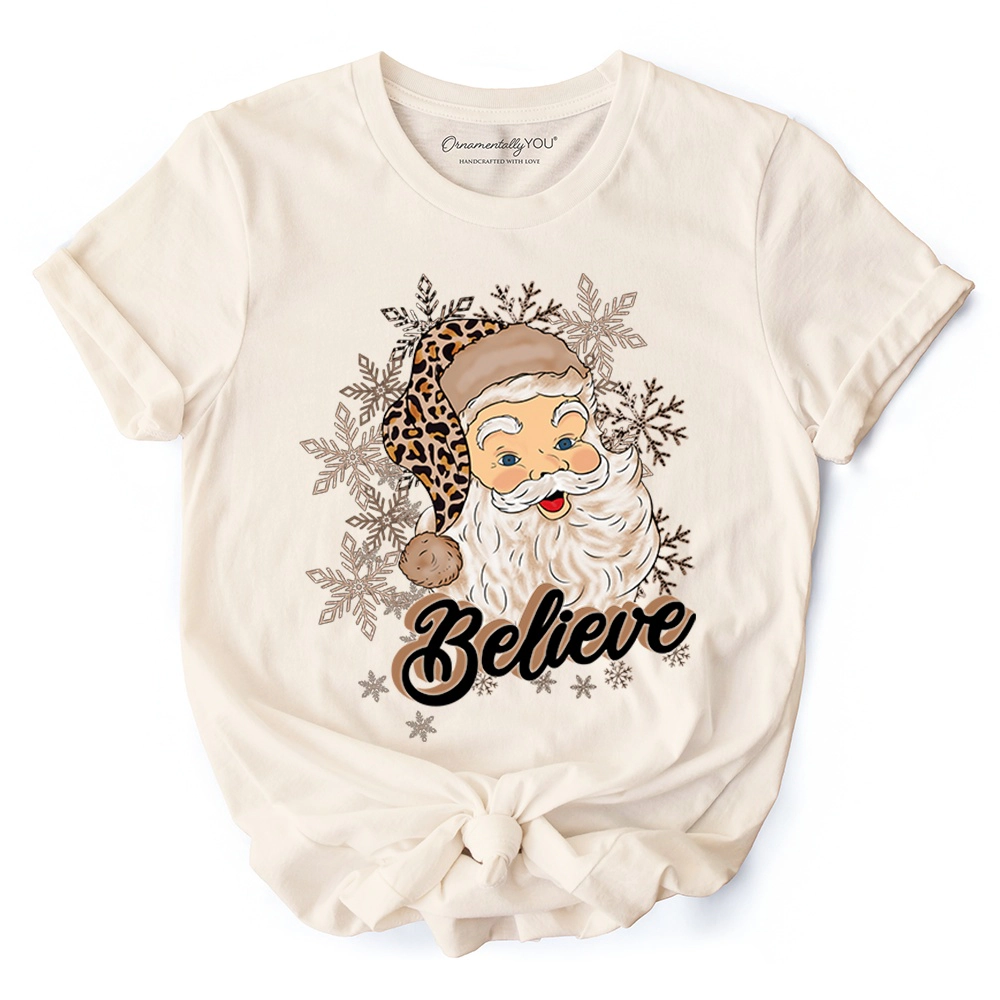 OrnamentallyYou Unisex Believe Santa Cheetah Leopard Retro Christmas T-Shirt