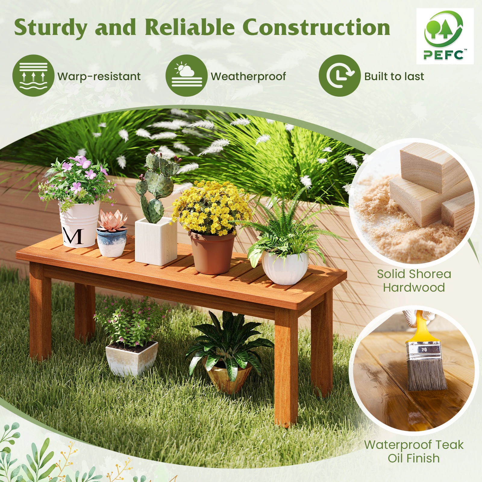 SUGIFT Brown 34-in Solid Shorea Hardwood Plant Stand Flower Pot Holder and Display Shelf for Indoor