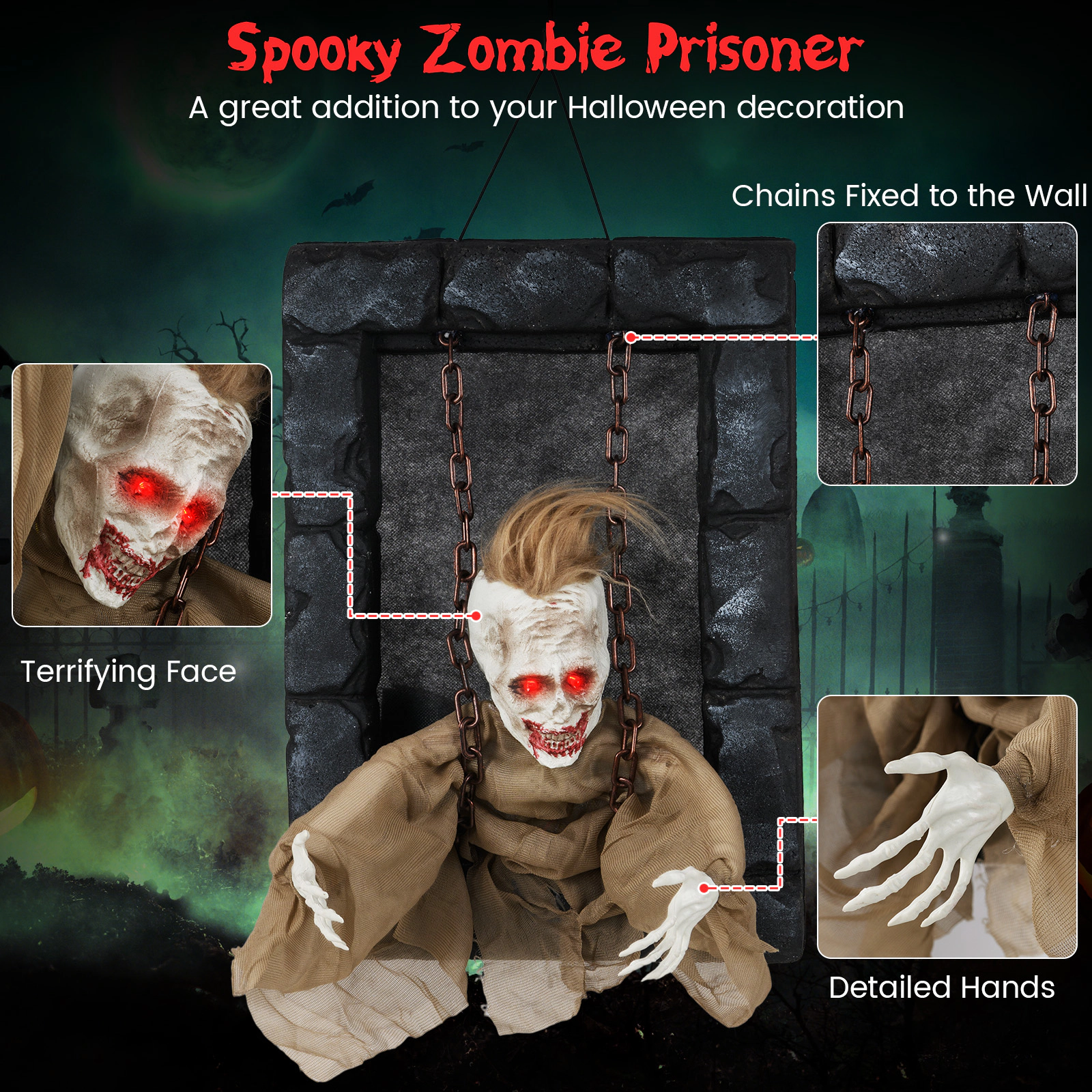 Glintex Animated Hanging Zombie Prisoner with Glowing Red Eyes and Sound Effects, Black & Beige