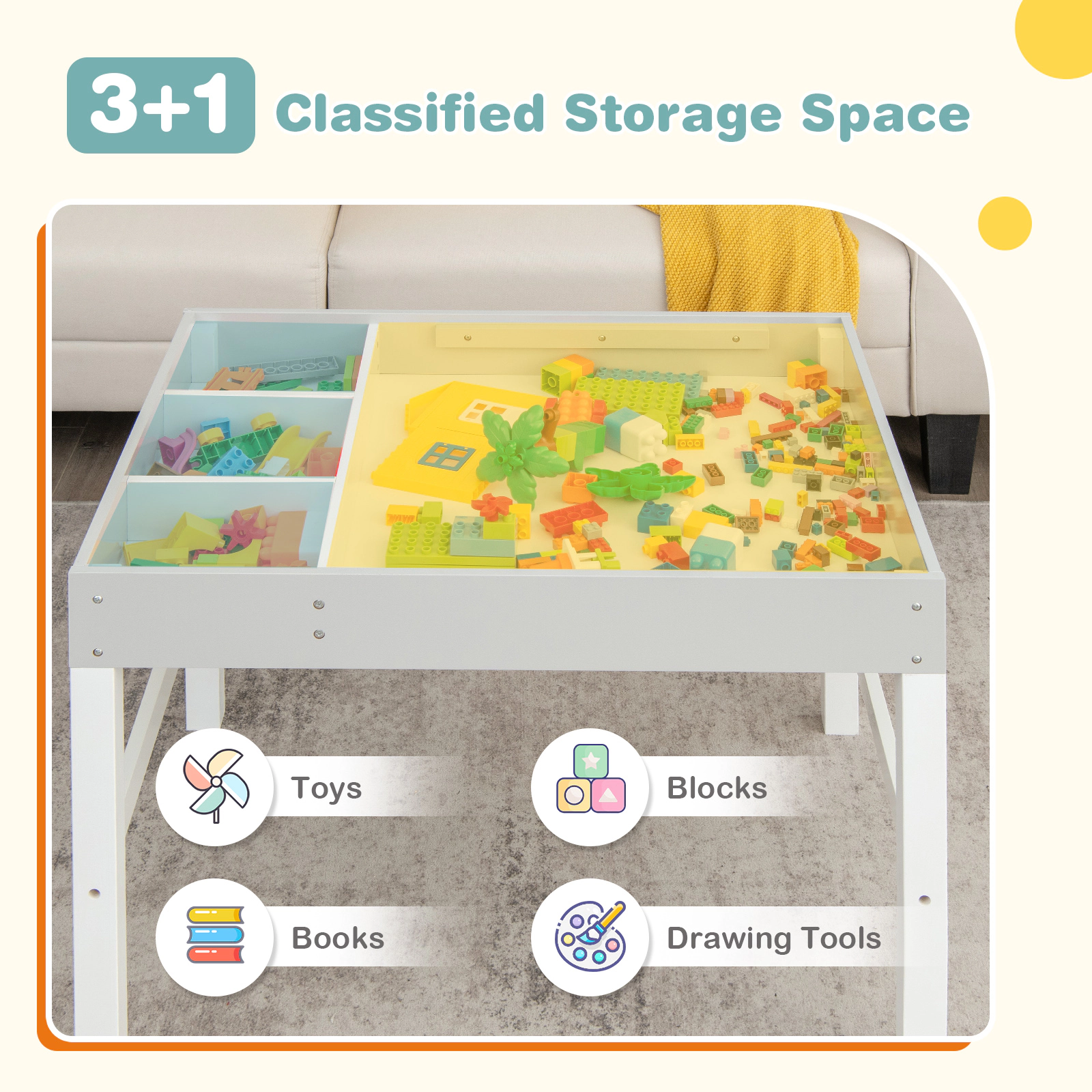 SUGIFT 3-in-1 Wooden Kids Table Storage & Double-Sided Tabletop 44-lb Lid Capacity Ages 3+ 31.5-in Wide White & Gray