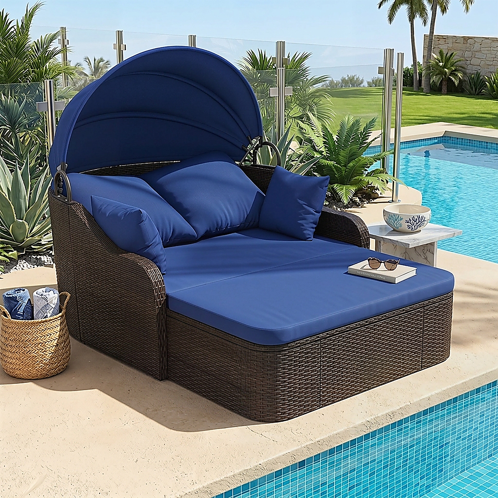 SUGIFT 73-Inch Navy Rattan Patio Daybed with Retractable Canopy, 795-Lb Capacity