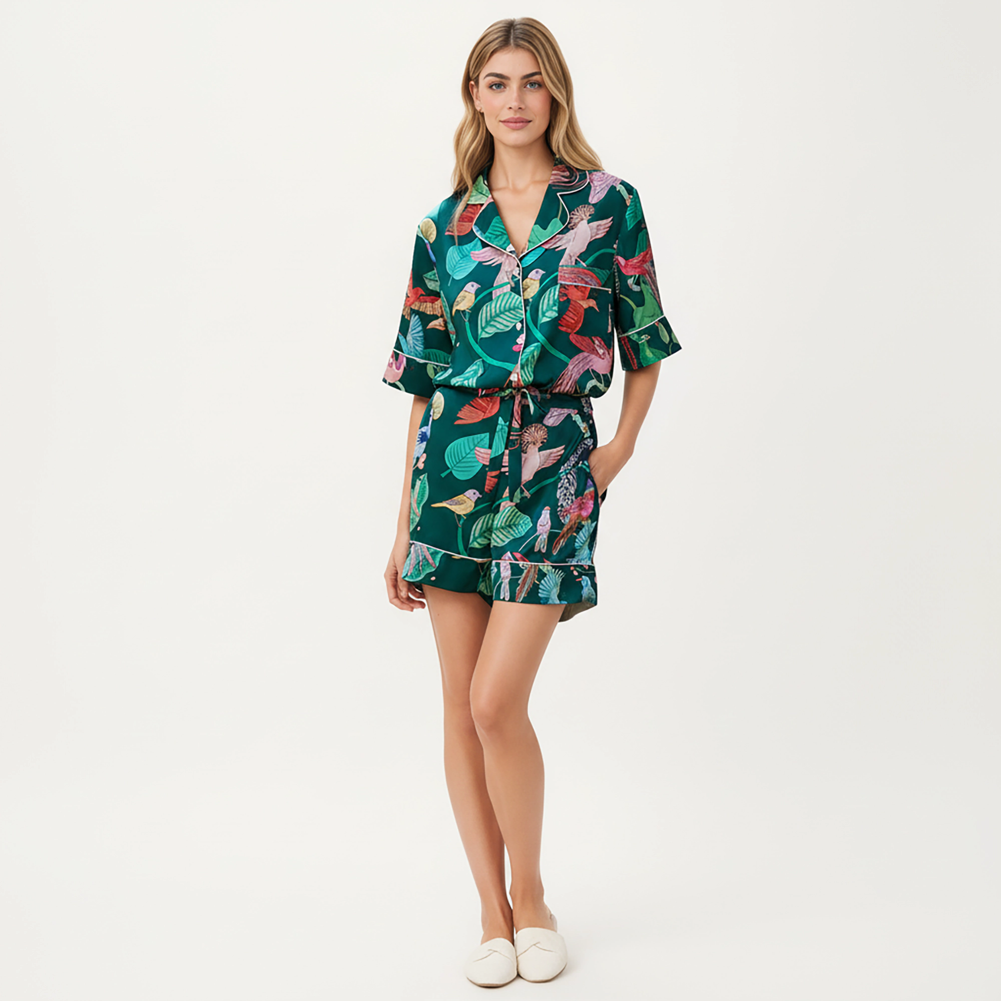 Anna-Kaci Women's Tropical Bird Print Satin Pajama Set Short Sleeve Button Up Top and Relaxed Fit Elastic Waist Shorts