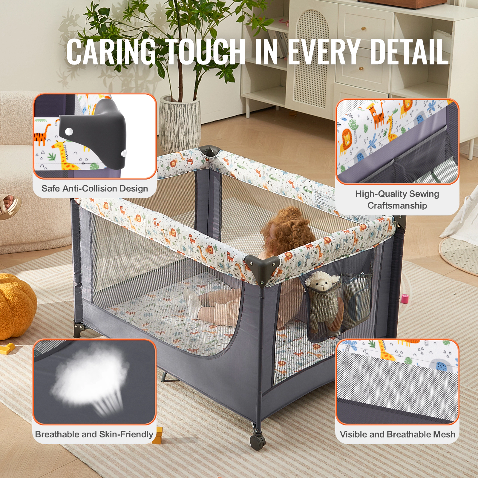 HONGGE Portable Baby Playpen Travel Crib with Wheels, Foldable Play Yard Holds 99 lbs for 0-36 Month Toddlers