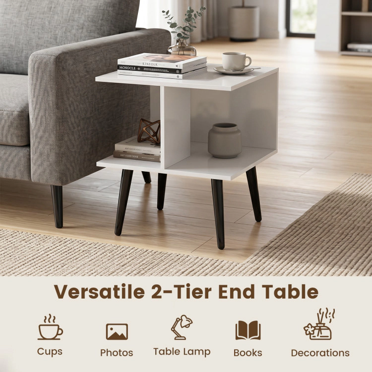 Hivvago 2-Tier Mid Century Modern End Table With 2 Compartments And Metal Legs
