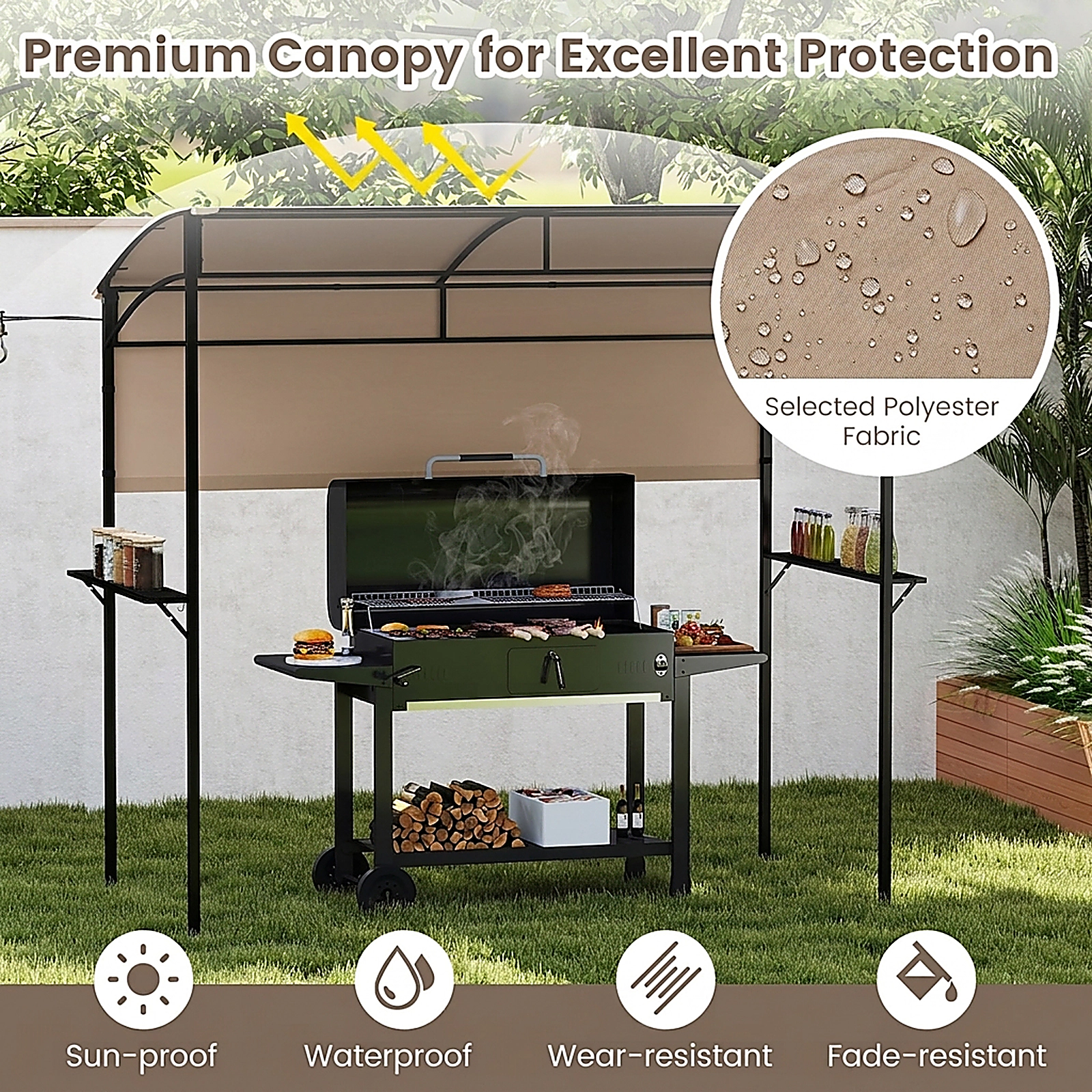 SUGIFT Outdoor BBQ Gazebo Canopy with Sidewall Metal Shelves Hooks and Bottle Openers 7.8 x 4.4 x 6.9 in Brown