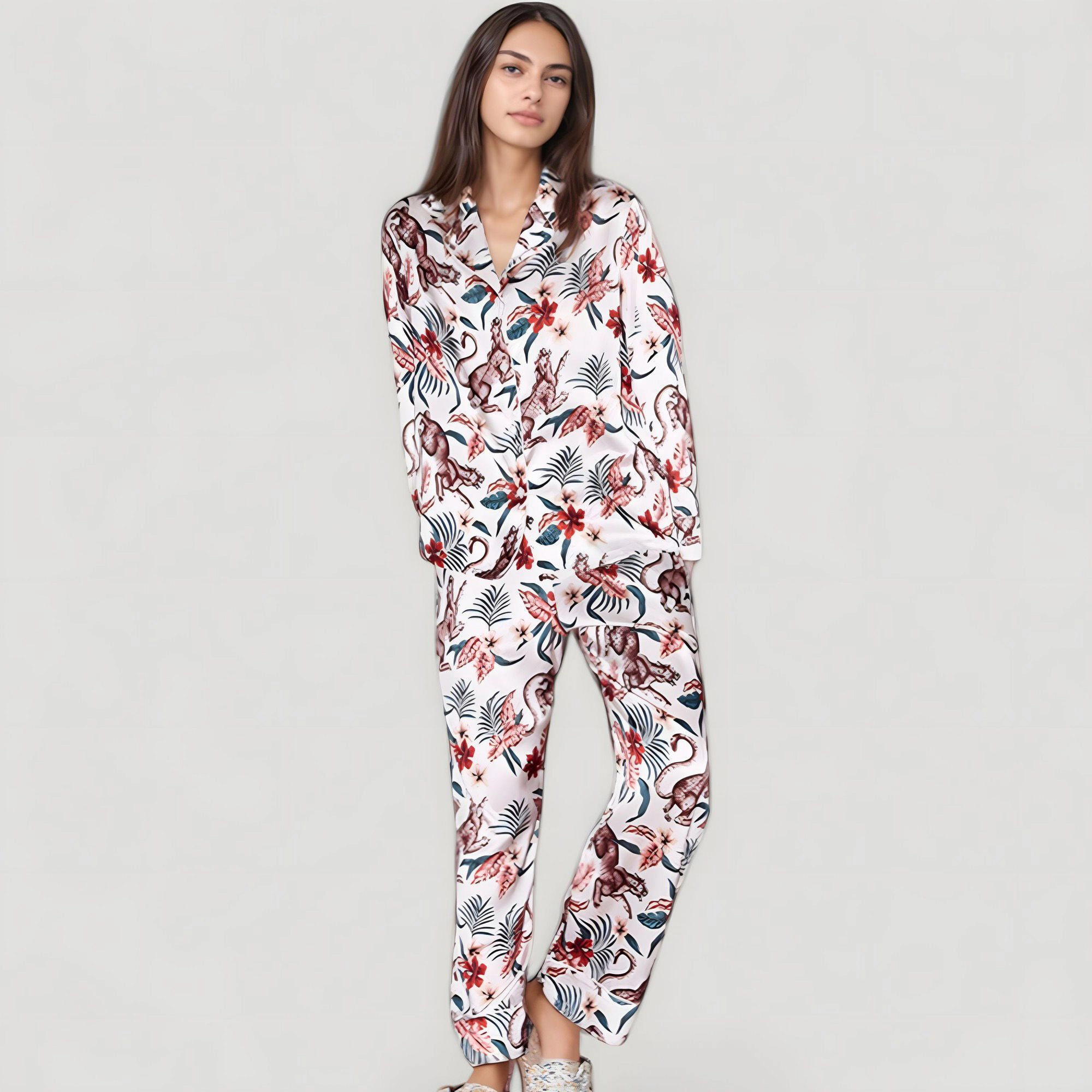 Anna-Kaci Women's Jungle Animal and Floral Pajama Set Long Sleeve Notch Collar Button Down Top Relaxed Woven Pants